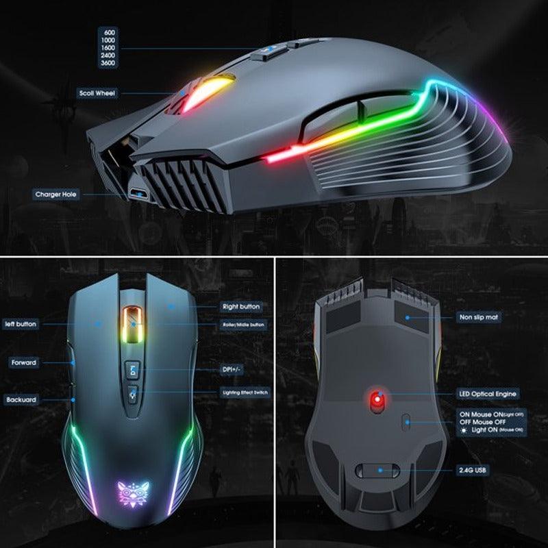 Onikuma CW905 3600 DPI Wireless Gaming Mouse 7 Buttons Design RGB (Black) - DataBlitz