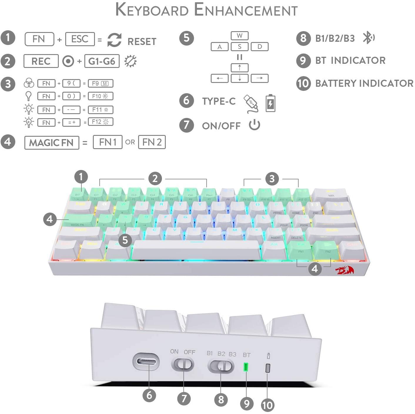 REDRAGON DRACONIC WIRELESS RGB MECHANICAL KEYBOARD (WHITE) (DUST-PROOF BROWN) (K530W-RGB) - DataBlitz