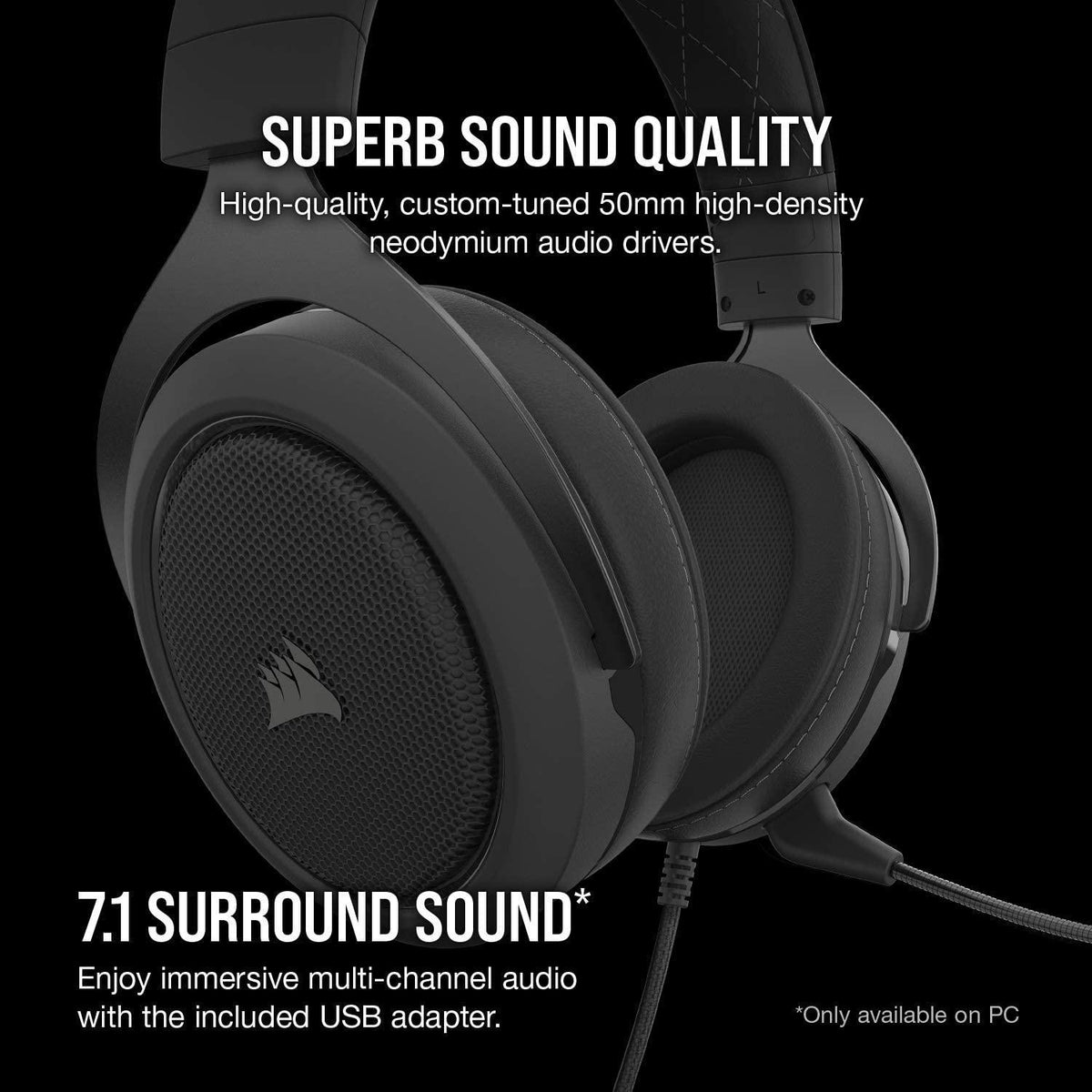 CORSAIR HS60 PRO SURROUND STEREO GAMING HEADSET WITH 7.1 SURROUND SOUND CARBON (PC/XB1/PS4/NSW/MOBILE) - DataBlitz