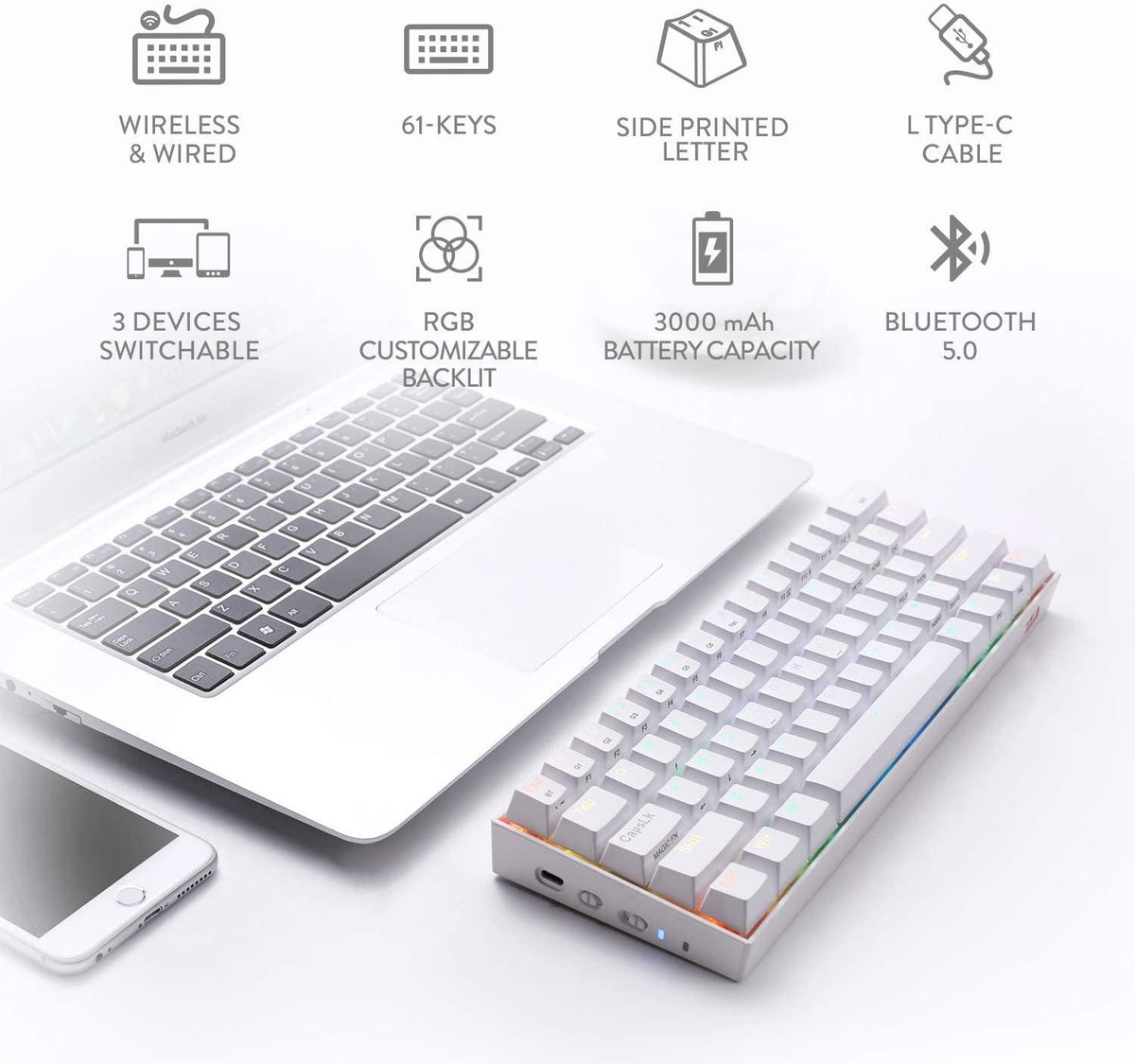 REDRAGON DRACONIC WIRELESS RGB MECHANICAL KEYBOARD (WHITE) (DUST-PROOF BROWN) (K530W-RGB) - DataBlitz