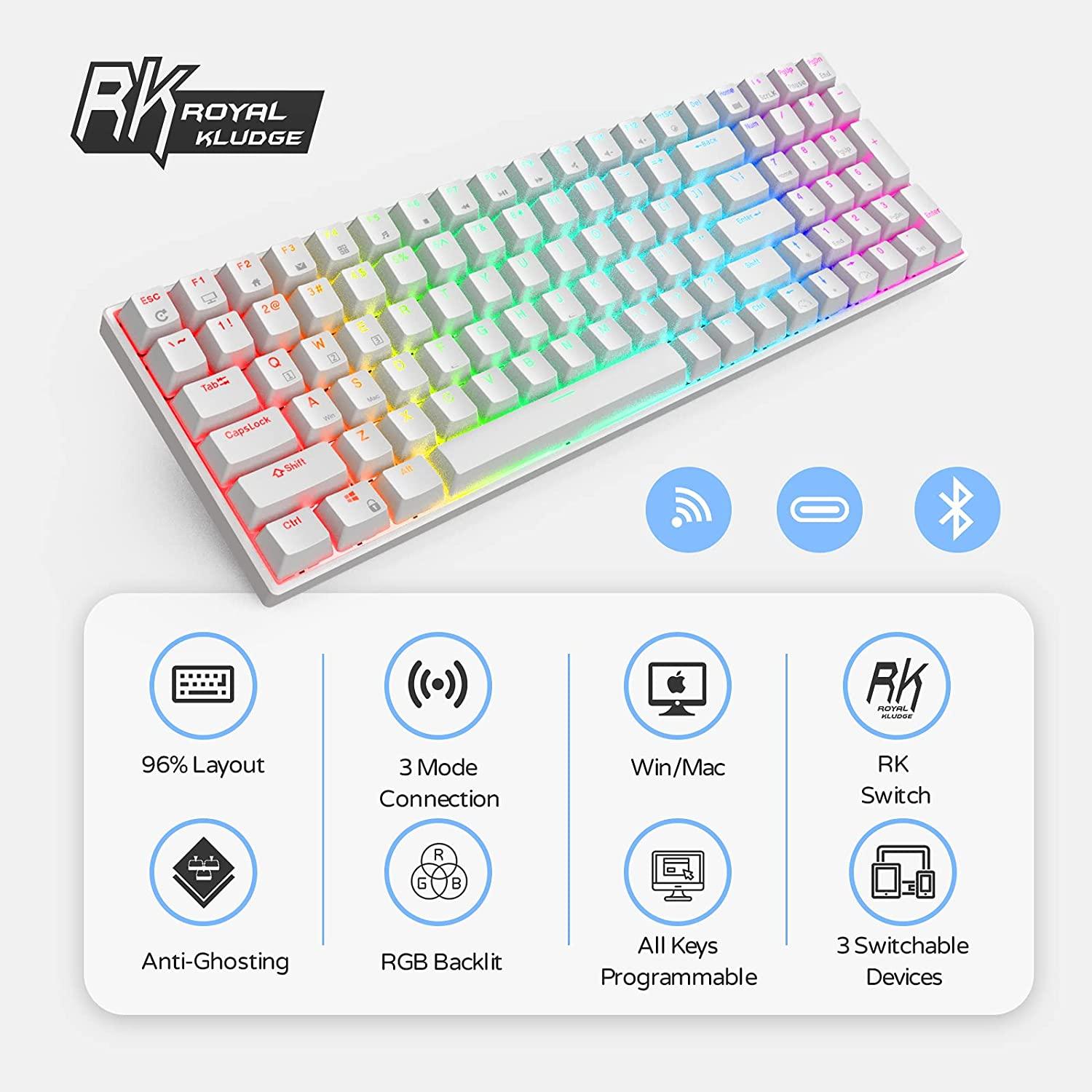 ROYAL KLUDGE RK100 TRI-MODE RGB 100 KEYS HOT SWAPPABLE MECHANICAL KEYBOARD WHITE (BLUE SWITCH) - DataBlitz