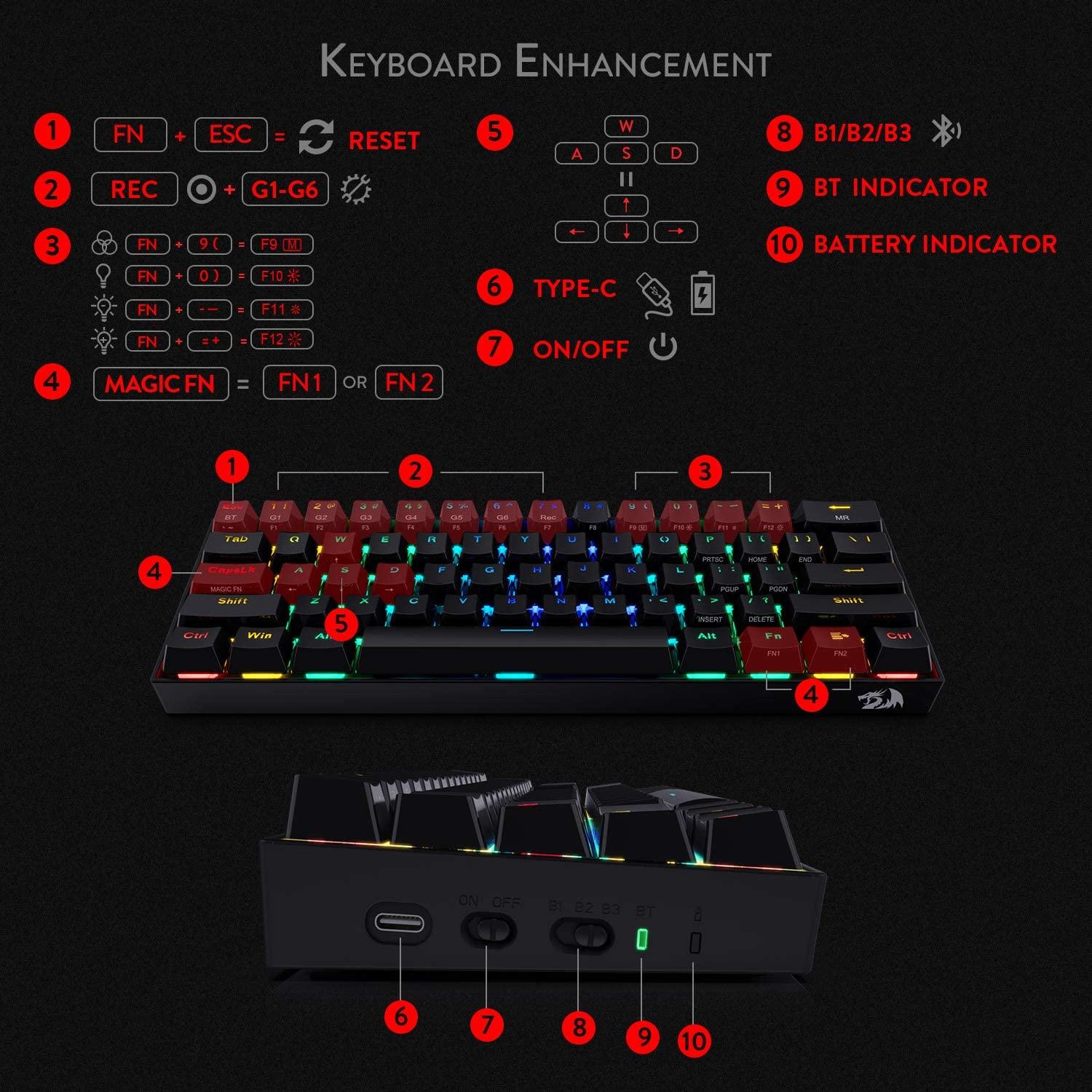 REDRAGON DRACONIC WIRELESS RGB MECHANICAL KEYBOARD (BLACK) (DUST-PROOF BROWN) (K530RGB) - DataBlitz