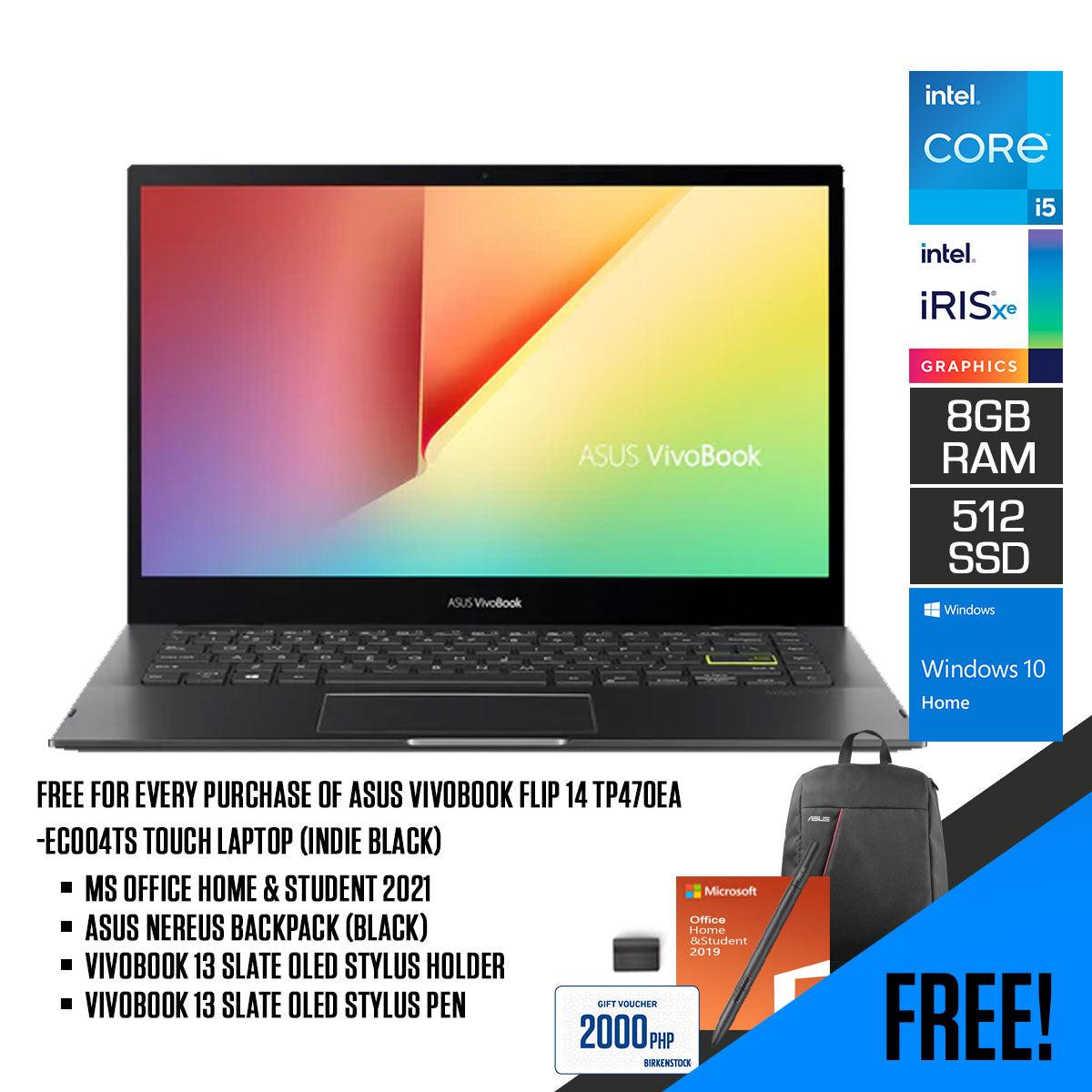 ASUS VIVOBOOK FLIP 14 TP470EA-EC004TS TOUCH LAPTOP (INDIE BLK) | 14" FHD | i5-1135G7 | 8GB LPDDR4X | 512GB SSD | IRIS XE | WIN10 + ASUS STYLUS PEN & HOLDER + MS OFFICE HOME AND STUDENT 2019 + ASUS NEREUS BACKPACK - DataBlitz