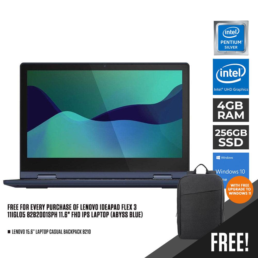 LENOVO IDEAPAD FLEX 3 11IGL05 82B2001SPH IPS LAPTOP (ABYSS BLUE) | 11.6" FHD | INTEL PENTIUM SILVER | 4GB DDR4 | 256GB SSD | INTEL UHD | WIN10 + LENOVO LAPTOP CASUAL BACKPACK B210 - DataBlitz
