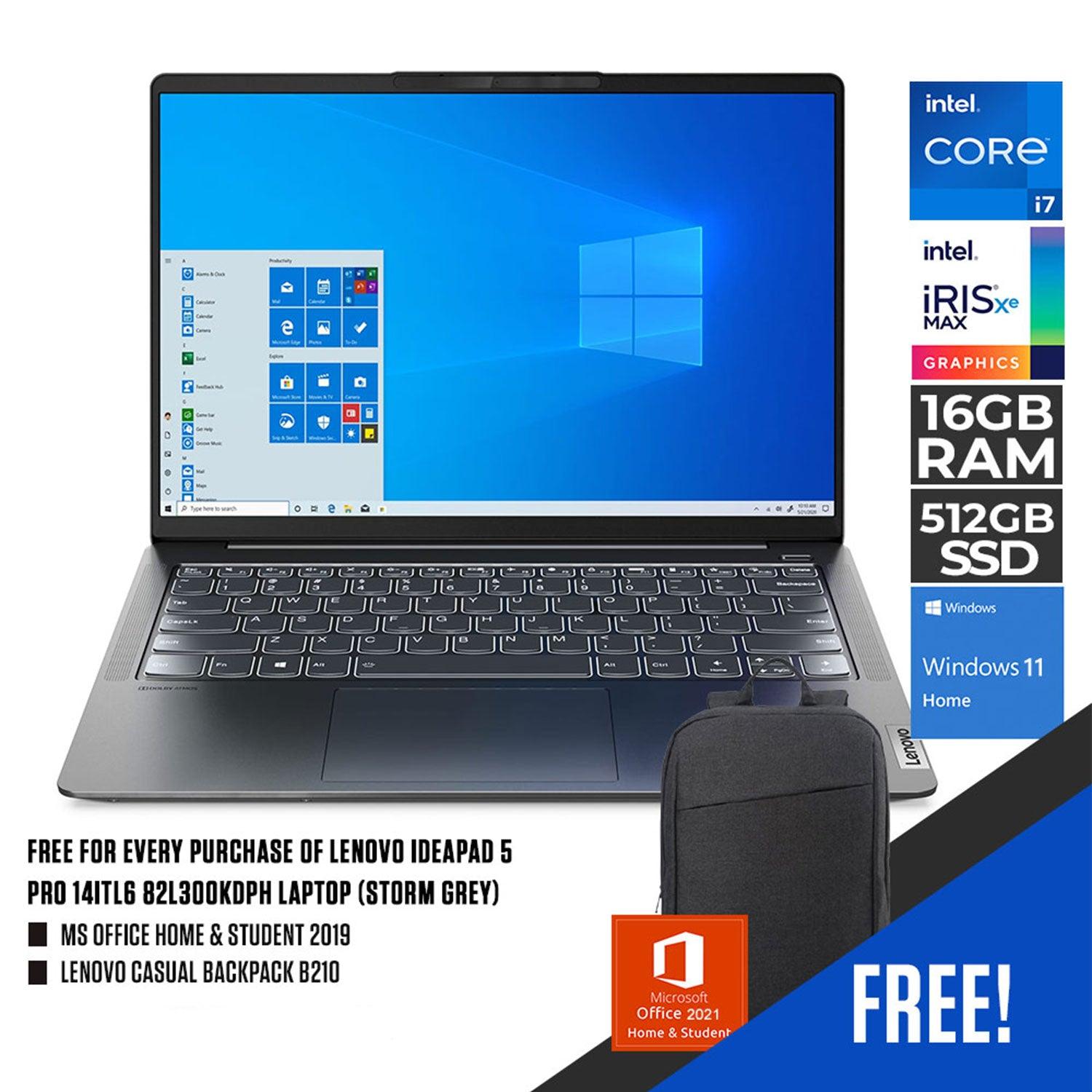 LENOVO IDEAPAD 5 PRO 14ITL6 82L300KDPH LAPTOP (STORM GREY) | 14” 2.8K | i7-1195G7 | 16GB DDR4 | 512GB SSD | IRIS XE | WIN11 + MS OFFICE HOME & STUDENT 2021 + LENOVO CASUAL BACKPACK B210 - DataBlitz