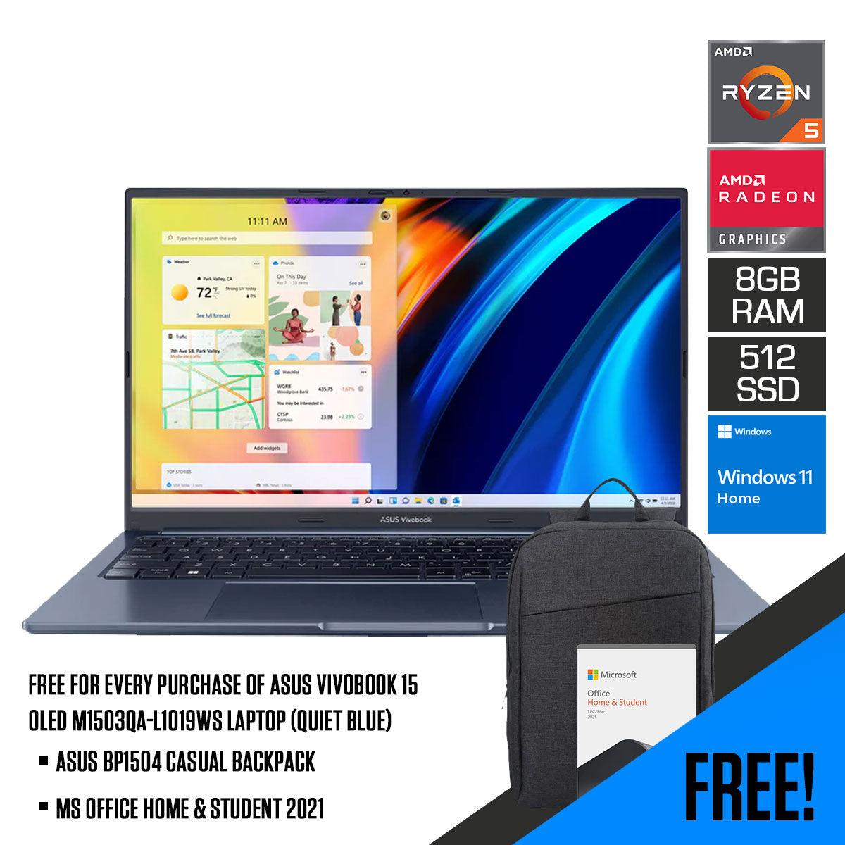 ASUS Vivobook 15 Oled M1503QA-L1019WS Laptop (Quiet Blue) | 15.6” FHD| Ryzen™ 5 5600H | 512 GB SSD | AMD Radeon™ Graphics | Windows 11 Home | MS Office Home & Student 2021 | ASUS BP1504 Casual Backpack - DataBlitz