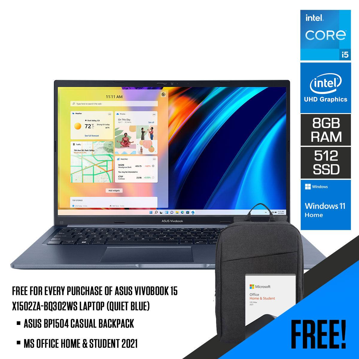 ASUS Vivobook 15 X1502ZA-BQ302WS Laptop (Quiet Blue) | 15.6” FHD | i5-1240P | 8 GB RAM | 512 GB SSD | Intel® UHD Graphics | Windows 11 Home | MS Office Home & Student 2021 | ASUS BP1504 Casual Backpack - DataBlitz