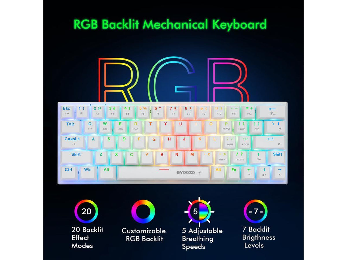 E-Yooso Z-11 Tri-Mode RGB 61 Keys Hot Swappable Mechanical Keyboard White (Red Switch, Blue Switch)
