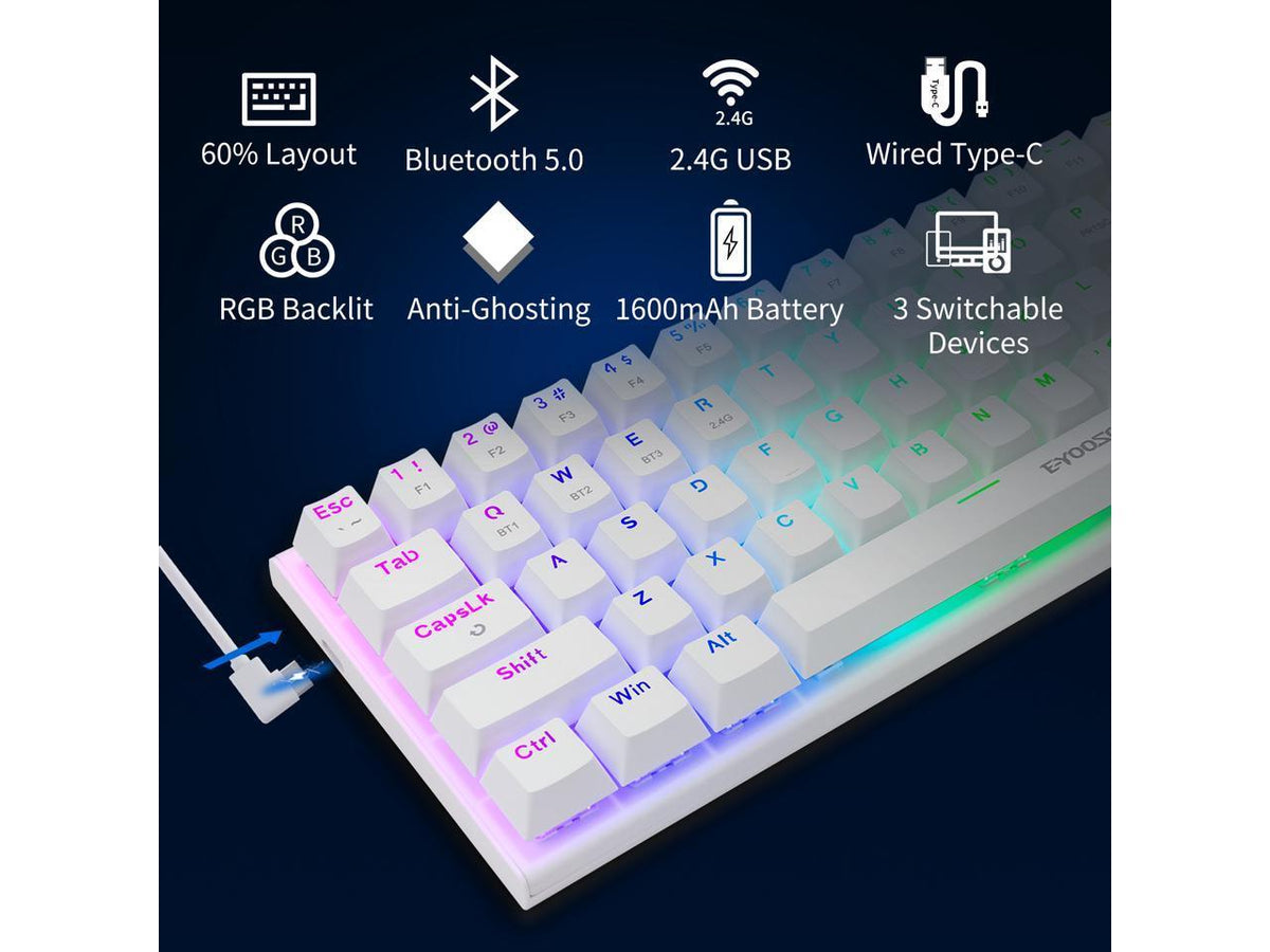 E-Yooso Z-11 Tri-Mode RGB 61 Keys Hot Swappable Mechanical Keyboard White (Red Switch, Blue Switch)