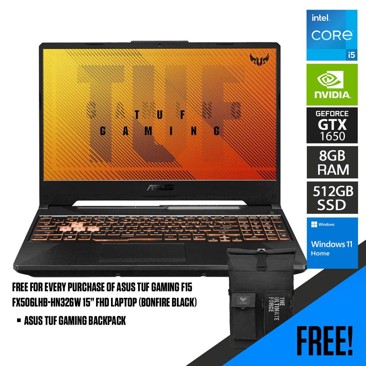 Asus TUF Gaming F15 FX506LHB-HN326W Laptop (Bonfire Black) | 15.6” FHD | i5-10300H | 8GB DDR4 RAM | 512GB SSD | GTX 1650 | Windows 11 Home | TUF Gaming Bag - DataBlitz