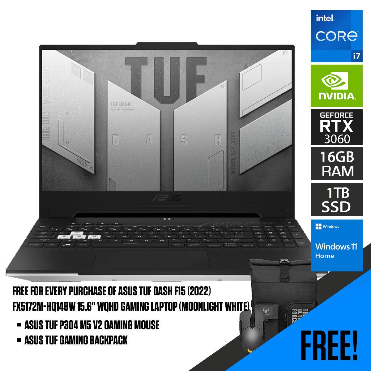 ASUS TUF Dash F15 (2022) FX517ZM-HQ148W Gaming Laptop (Moonlight White) | 15.6" WQHD | i7-12650H | 16GB RAM DDR5 | 1 TB SSD | Windows 11 Home | TUF Gaming Backpack | ASUS TUF P304 M5 V2 Gaming Mouse - DataBlitz