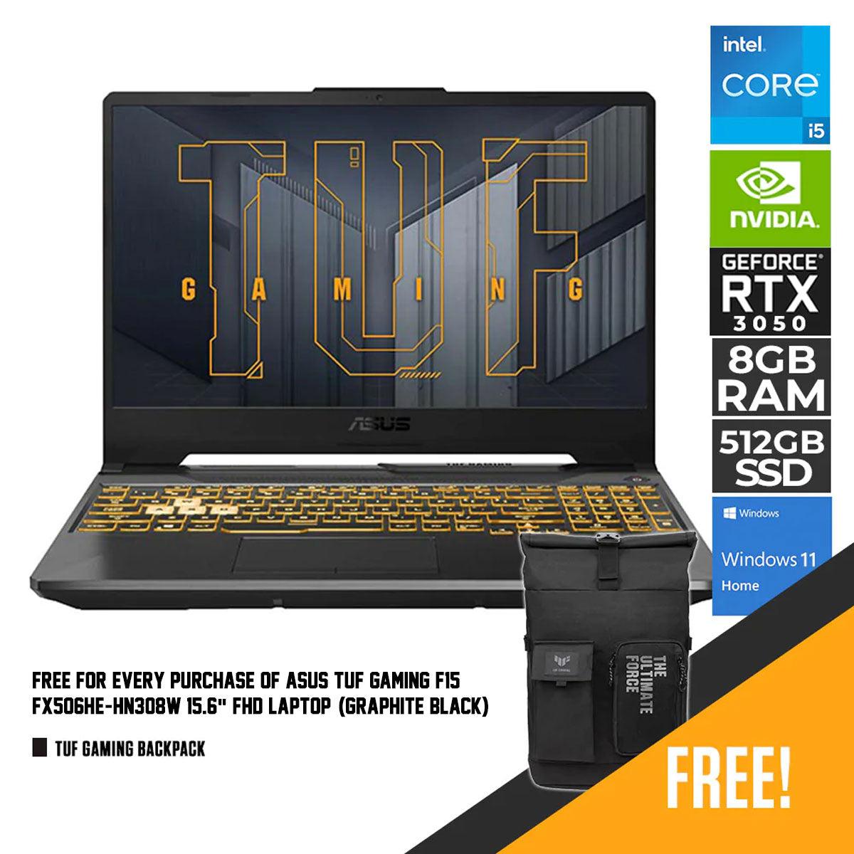 ASUS TUF Gaming F15 FX506HE-HN308W Laptop (Graphite Black) | 15.6” FHD | i5-11400H | 8GB RAM DDR4 | 512GB M.2 SSD | RTX™ 3050 Ti | Windows 11 Home | TUF Gaming Backpack - DataBlitz