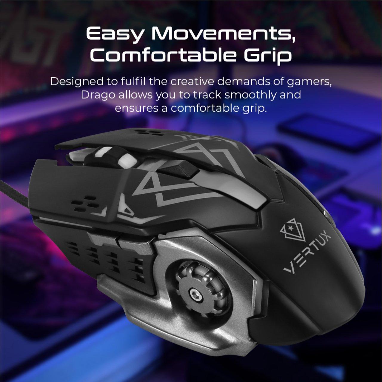 VERTUX DRAGO PRECISION TRACKING ERGONOMIC GAMING MOUSE BLACK GREY - DataBlitz