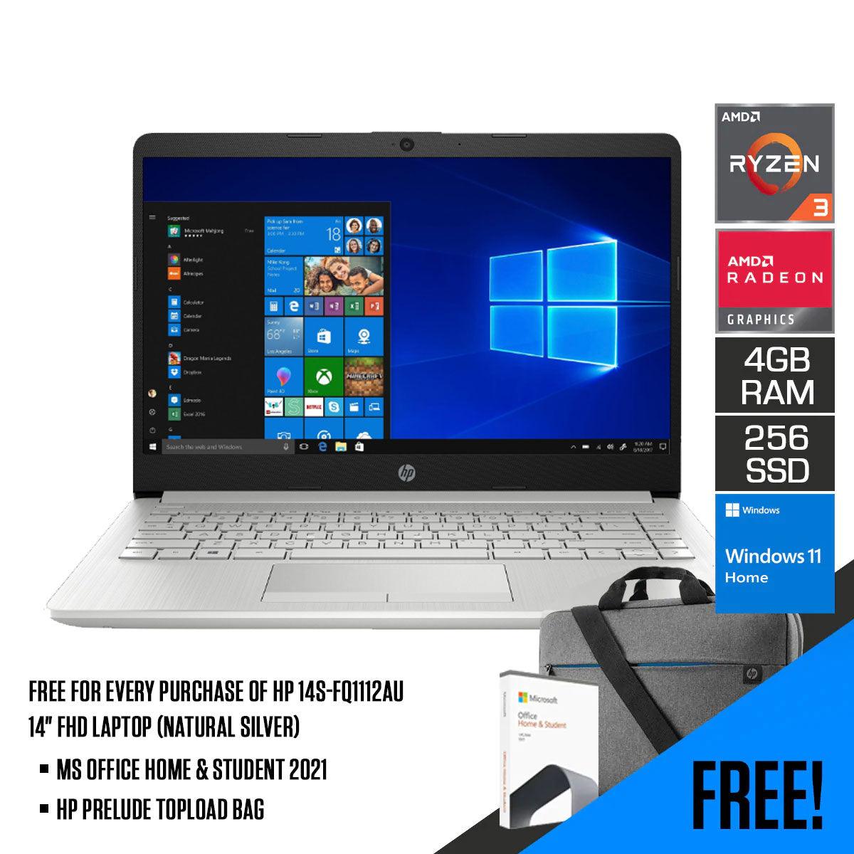 HP 14S-FQ1112AU Laptop (Natural Silver) | 14” FHD | AMD Ryzen 3 5300U APU | 4GB RAM DDR4 | 256GB SSD | Windows 11 | Ms Office Home & Student 2021 | HP Prelude 15.6” Topload Bag - DataBlitz