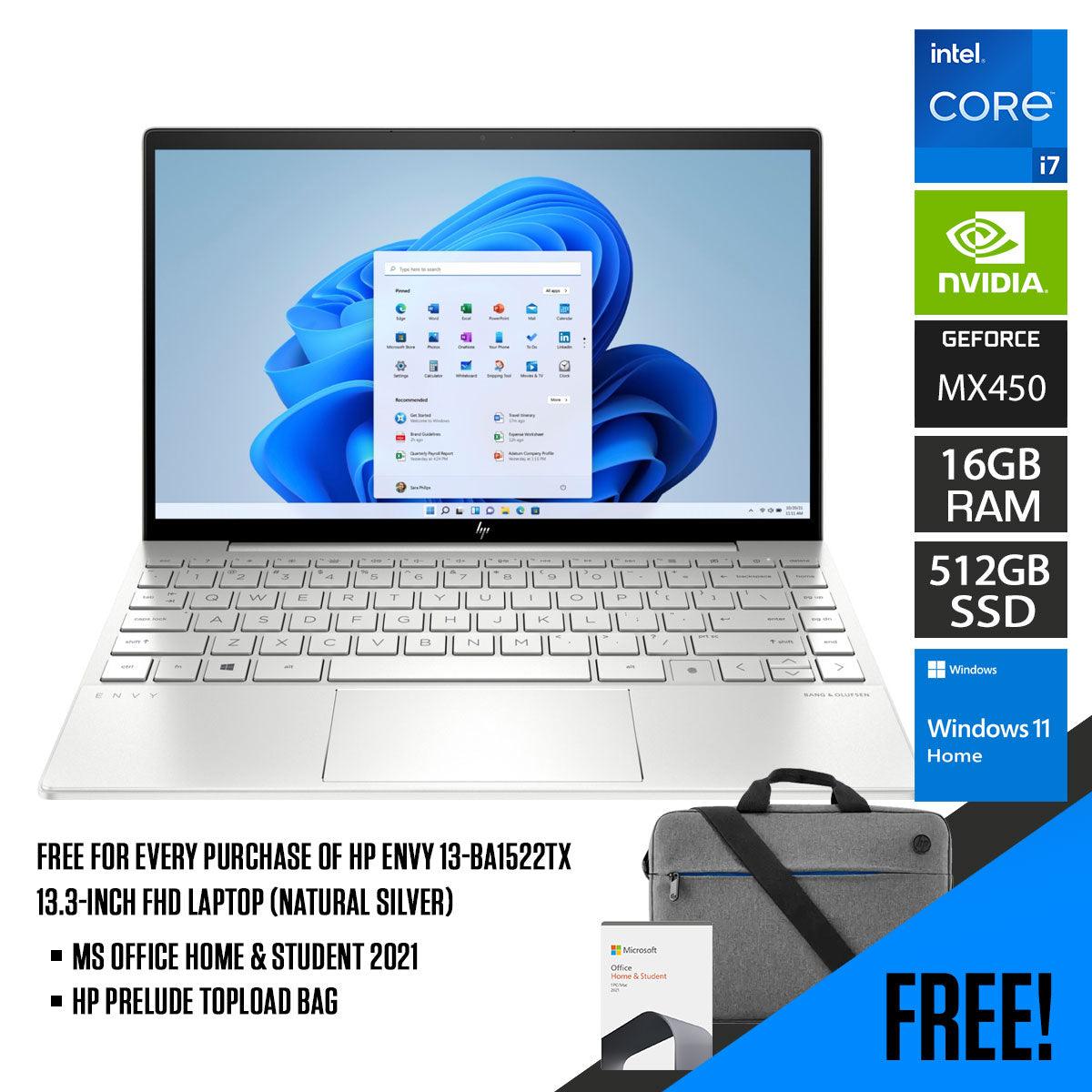 HP Envy 13-BA1522TX Laptop (Natural Silver) | 13.3” FHD | i7-1165G7 | 16 GB DDR4 | 512 GB SSD | MX450 | Windows 11 Home | MS Office Home & Student 2021 | HP Prelude 15.6” Topload Bag - DataBlitz