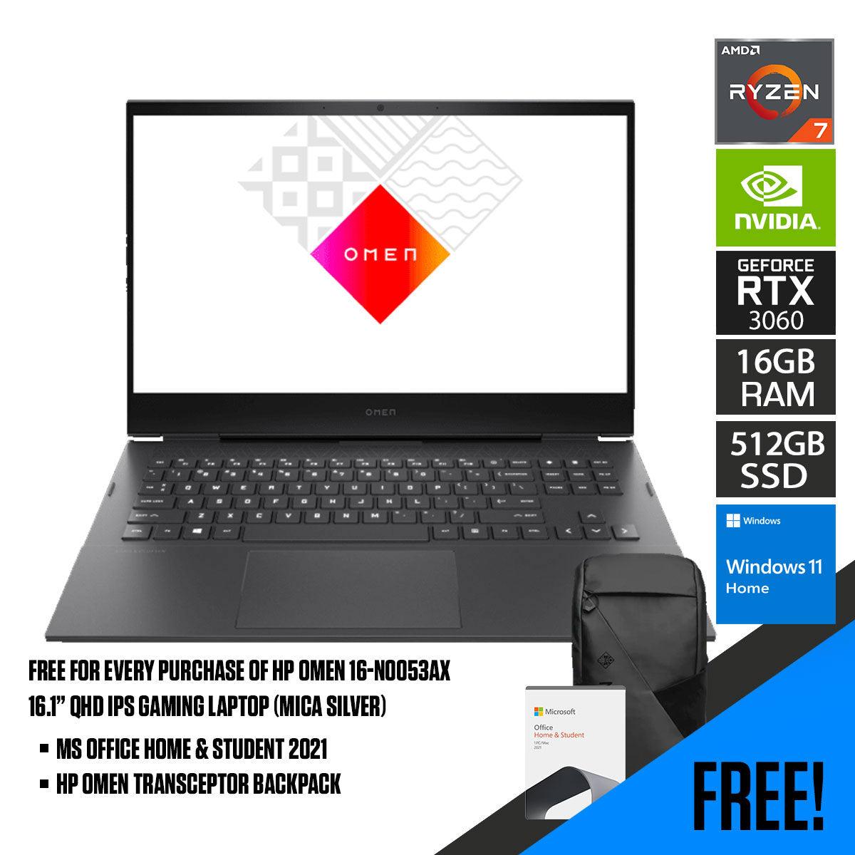 HP Omen 16-N0053AX Gaming Laptop (Mica Silver) | 16.1" QHD | Ryzen 7 6800H | 16 GB RAM | 512 GB SSD | RTX 3060 | Windows 11 Home | MS Office Home & Student 2021 | HP Omen Transceptor 15” Backpack (Black) - DataBlitz