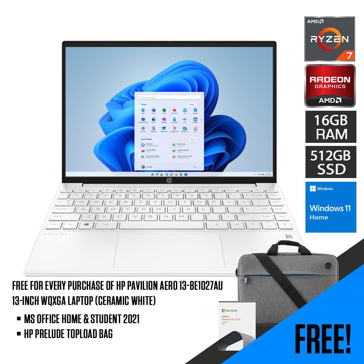 HP Pavilion Aero 13-BE1027AU Laptop (Ceramic White) | 13.3” WQXGA | Ryzen™ 7 5825U | 16 GB RAM DDR4 | 512 GB SSD | Radeon™ Graphics | Windows 11 Home | MS Office Home & Student 2021 + HP Prelude 15.6” Topload Bag - DataBlitz