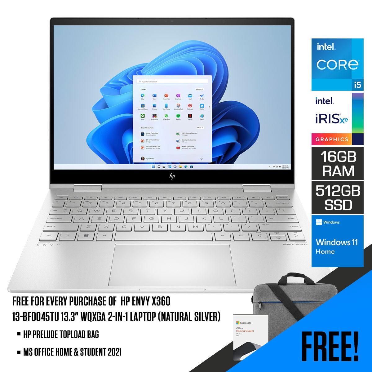 HP Envy X360 13-BF0045TU 13.3” WUXGA 2-IN-1 Laptop (Natural Silver) + MS Office H&S 2021 + HP Prelude 15.6” Topload Bag - DataBlitz