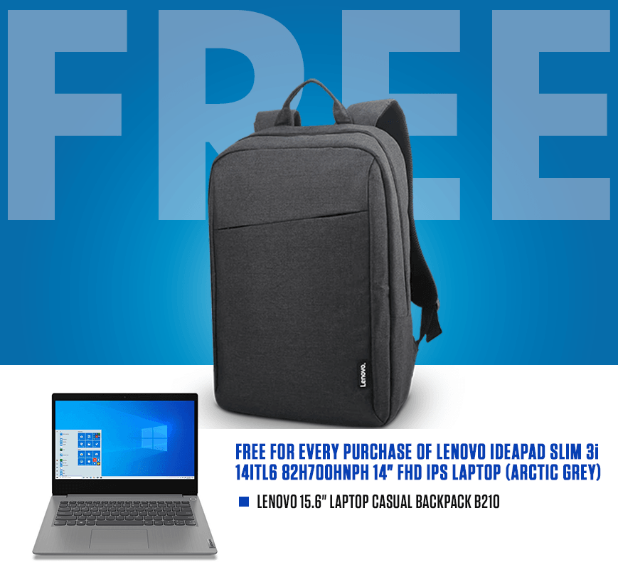 LENOVO IDEAPAD SLIM 3I 14ITL6 82H700HNPH LAPTOP (ARCTIC GREY) | 14" FHD | i5-1135G7 | 8GB DDR4 | 512GB SSD | IRIS XE | WIN10 + LENOVO LAPTOP CASUAL BACKPACK B210 - DataBlitz