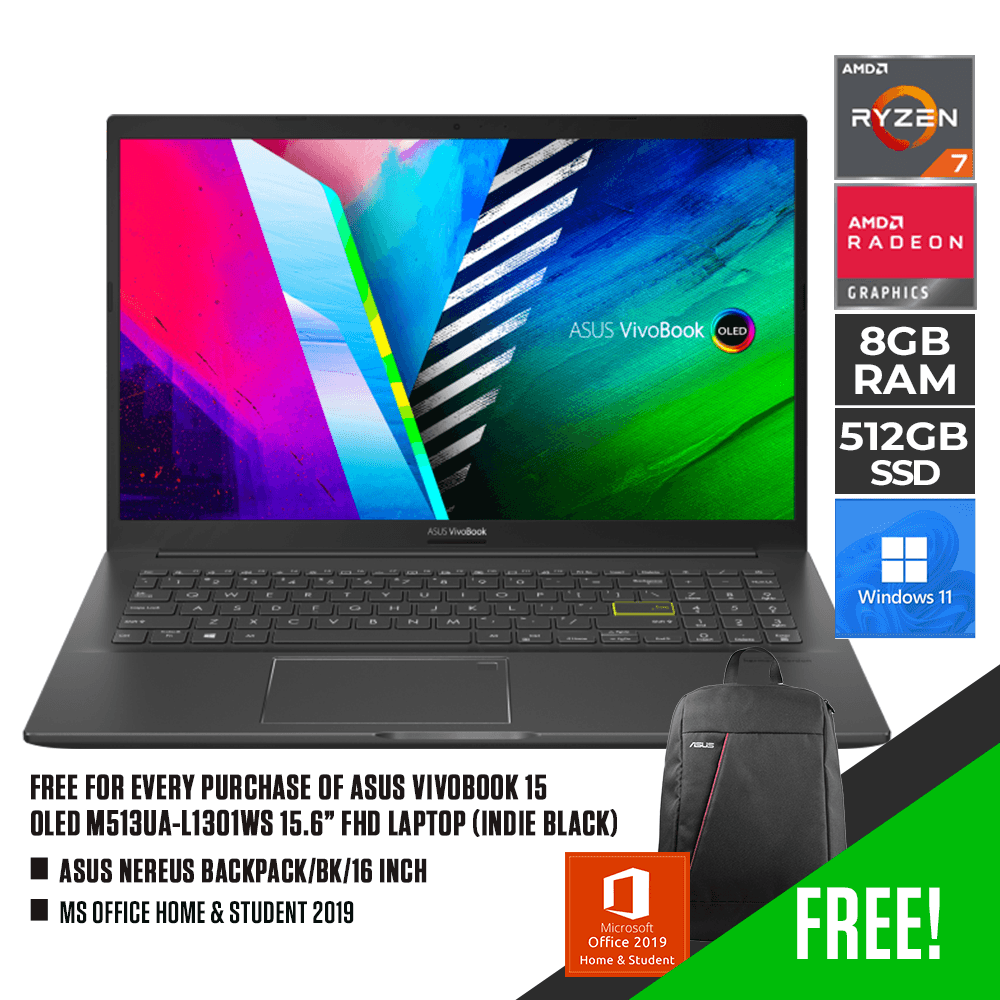 ASUS VIVOBOOK 15 OLED M513UA-L1301WS LAPTOP (INDIE BLACK) | 15.6" FHD | RYZEN 7 5700U | 8GB DDR4 | 512GB SSD | AMD RADEON | WIN11 + MS OFFICE HOME & STUDENT 2019 + ASUS NEREUS BACKPACK (BLACK) - DataBlitz