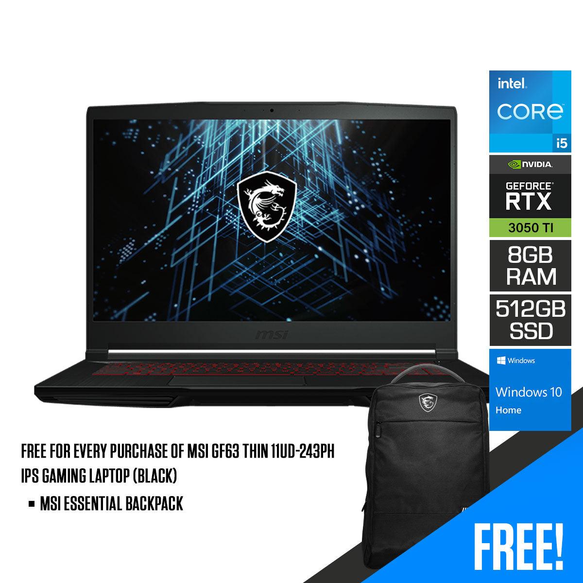 MSI GF63 THIN 11UD-243PH IPS Gaming Laptop (Black) | 15.6" FHD | Tiger Lake i5-11400H+HM570 | 8GB DDR4 | 512GB SSD | RTX 3050Ti | Win10 Home + MSI Essental Backpack - DataBlitz