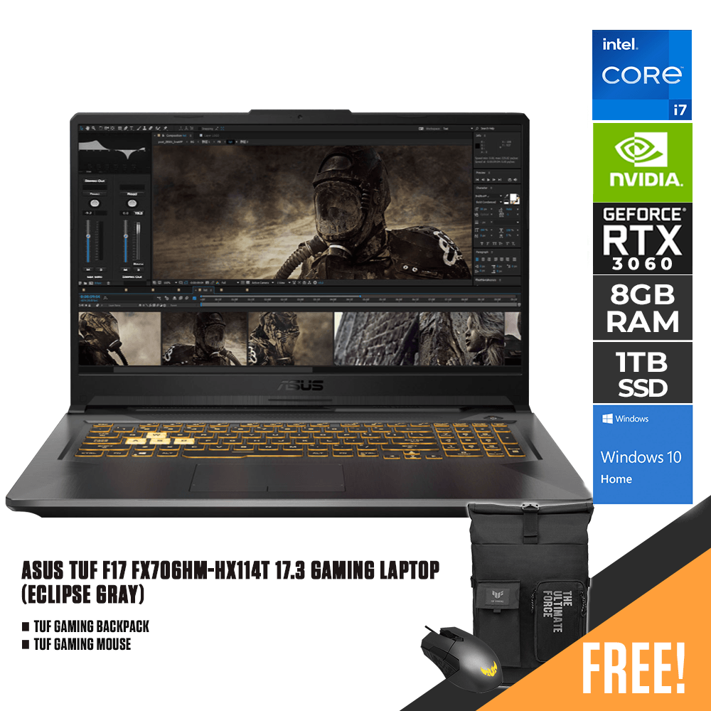 ASUS TUF F17 FX706HM-HX114T GAMING LAPTOP (ECLIPSE GRAY) | 17.3" FHD | 8GB DDR4 | 1TB SSD | RTX 3060 | WIN10 + TUF GAMING BACKPACK + TUF GAMING MOUSE - DataBlitz