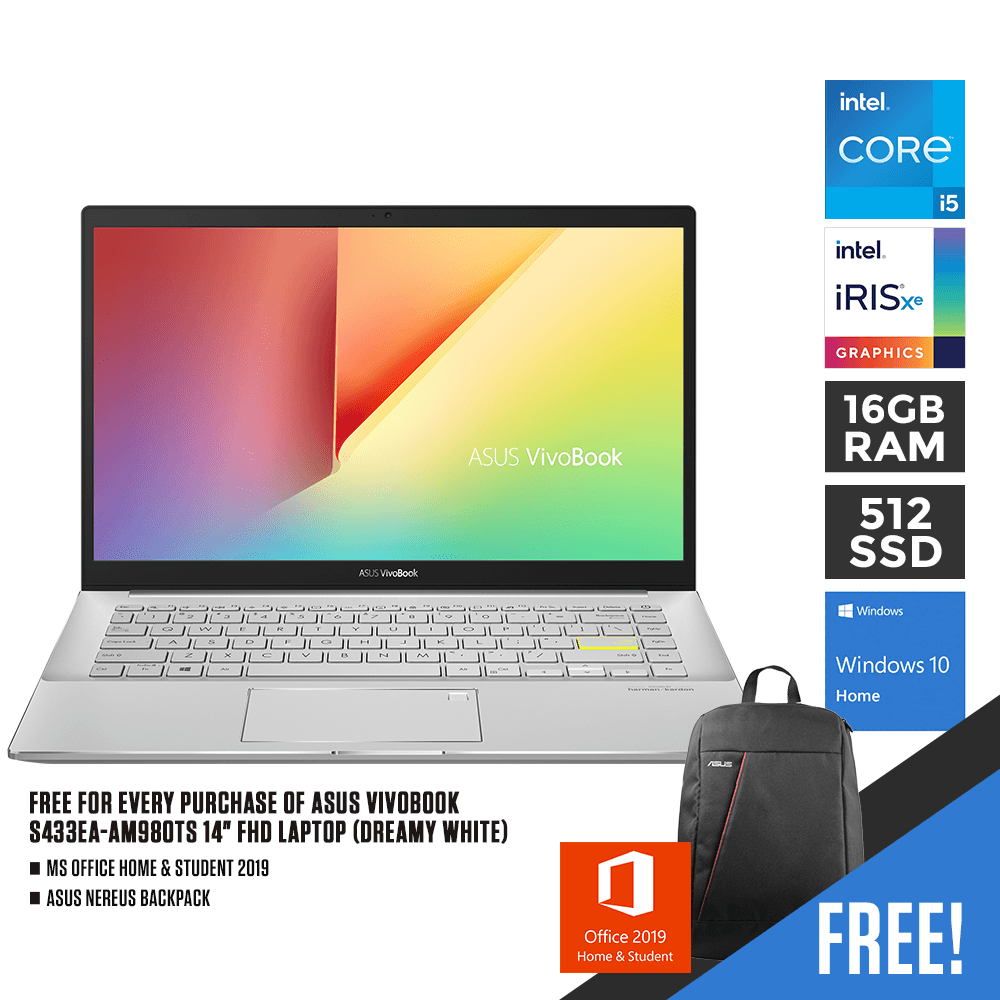ASUS VIVOBOOK S433EA-AM980TS LAPTOP (DREAMY WHITE) | 14" FHD | i5-1135G7 | 16GB DDR4 | 512 GB | IRIS XE | WI10 + MS OFFICE HOME AND STUDENT 2019 + ASUS NEREUS BACKPACK (BLACK) - DataBlitz