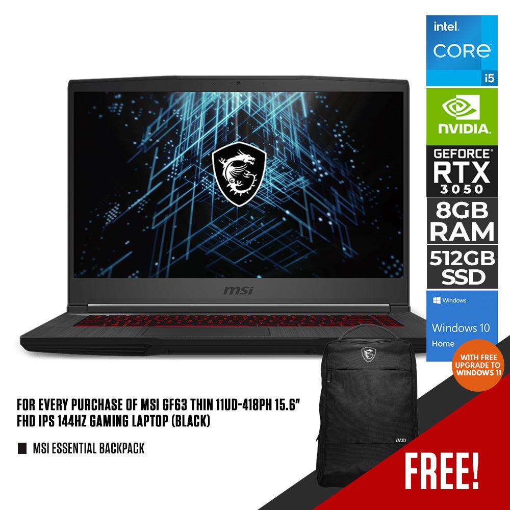 MSI GF63 THIN 11UD-418PH 144HZ GAMING LAPTOP (BLACK) | 15.6" FHD | i5-11400H | 8GB DDR4 | 512GB | RTX3050 Ti | WIN10 + MSI ESSENTIAL BACKPACK (BLACK) - DataBlitz