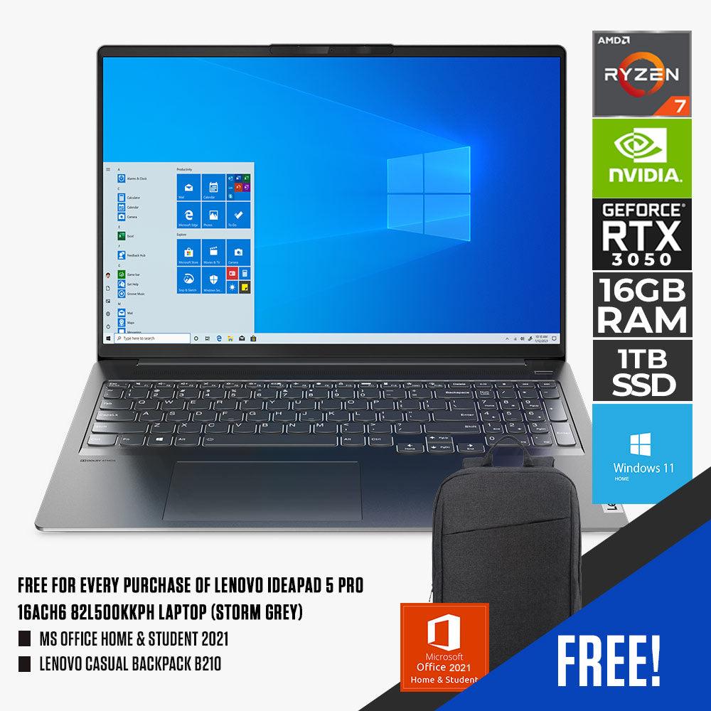 LENOVO IDEAPAD PRO 16ACH6 82L500KKPH LAPTOP (STORM GREY) 16” WQXGA  RYZEN 5800H 16GB DDR4 1TB SSD RTX 3050 WIN11 MS OFFICE HOME 