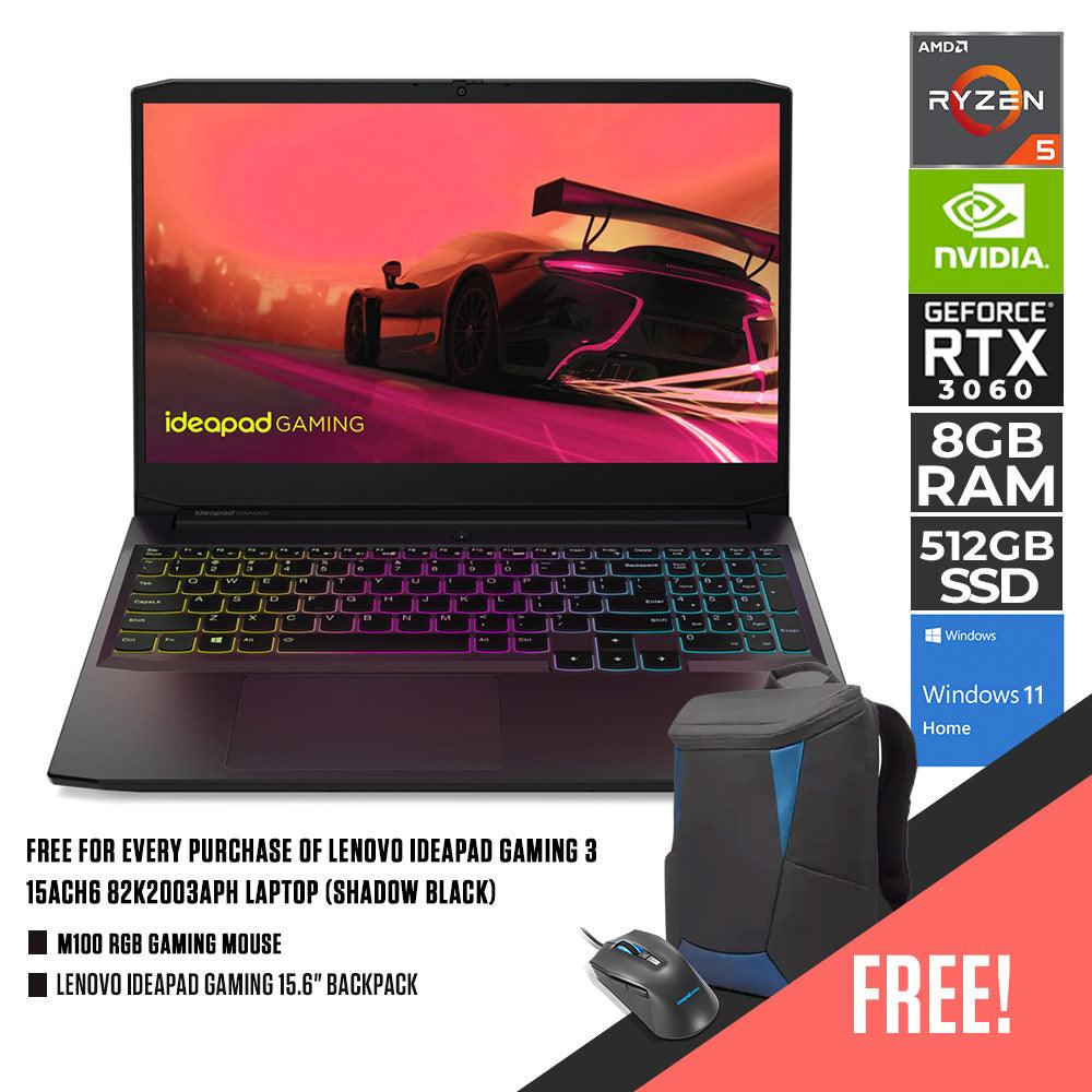 LENOVO IDEAPAD GAMING 3 15ACH6 82K2003APH LAPTOP (SHADOW BLACK) | 15.6” FHD | Ryzen 5 5600H | 8GB DDR4 | 512GB SSD | RTX 3060 | WIN11 + M100 RGB GAMING MOUSE + LENOVO IDEAPAD GAMING 15.6” BACKPACK - DataBlitz