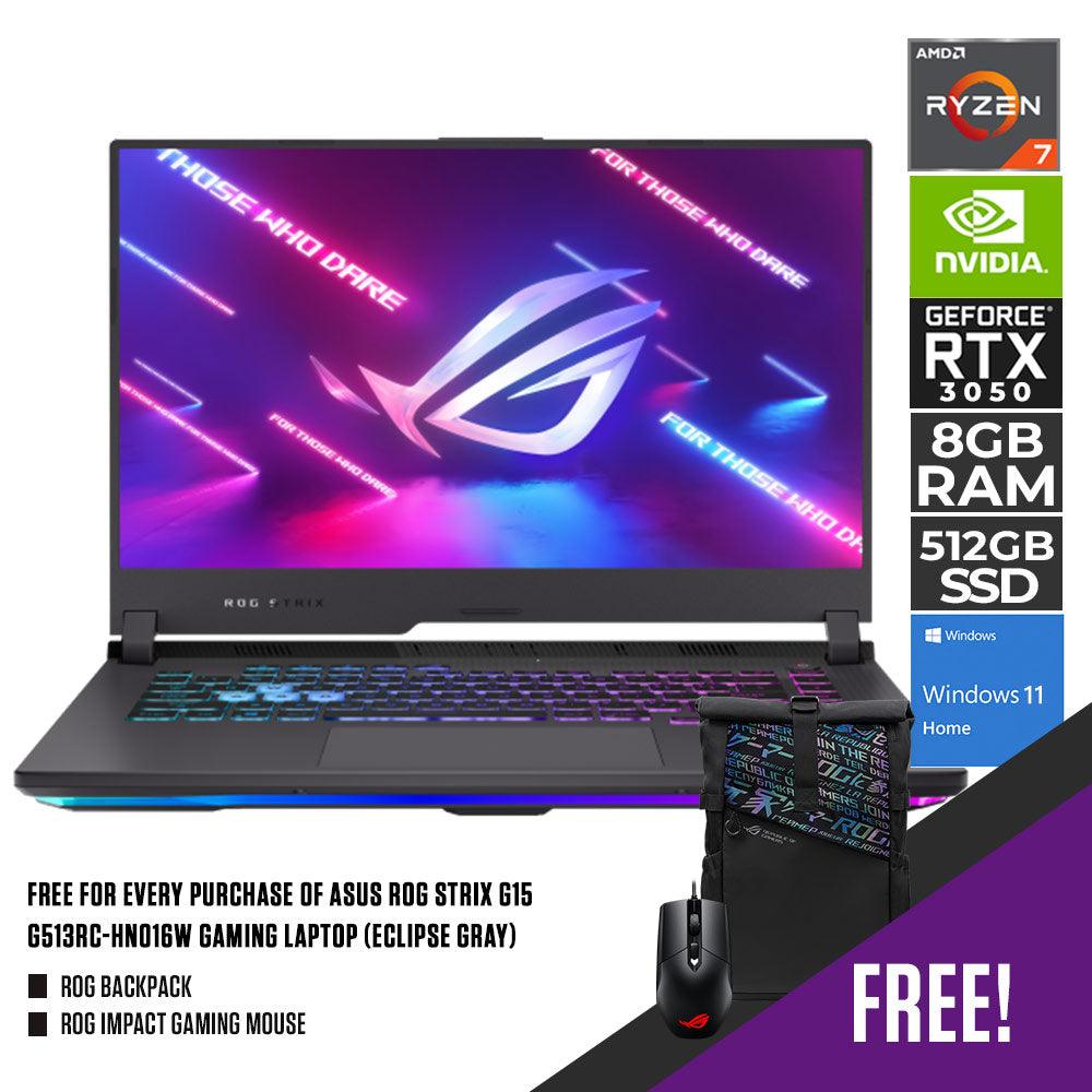 ASUS ROG STRIX G15 G513RC-HN016W GAMING LAPTOP (ECLIPSE GRAY) | 15.6" FHD | RYZEN™ 7 6800H | 8GB DDR5 | 512GB SSD | RTX 3050 | WIN11 + ROG BACKPACK + ROG IMPACT GAMING MOUSE - DataBlitz