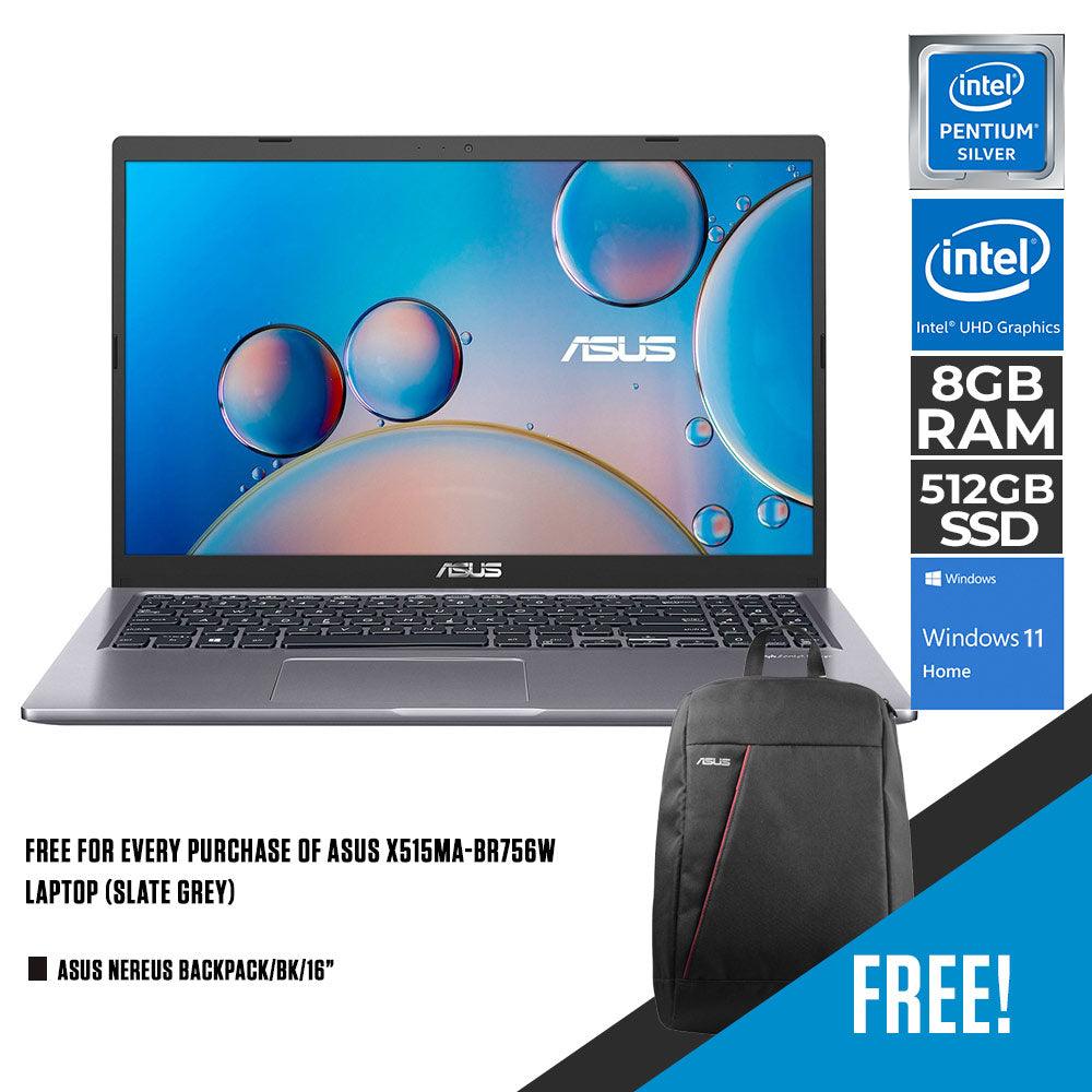 ASUS X515MA-BR756W LAPTOP (SLATE GREY) | 15.6” HD | 8GB DDR4 | 512GB SSD | INTEL UHD | WIN 11 + ASUS NEREUS BACKPACK/BK/16 INCH - DataBlitz