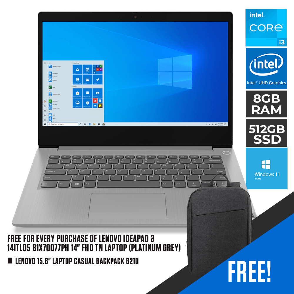 LENOVO IDEAPAD 3 14ITL05 81X70077PH LAPTOP (PLATINUM GREY) | 14" FHD | i3-1115G4 | 8GB DDR4 | 512GB SSD | INTEL UHD | WIN11 + LENOVO LAPTOP CASUAL BACKPACK B210 - DataBlitz