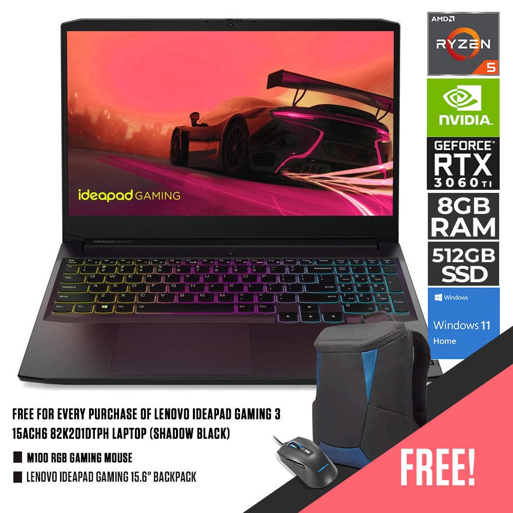 LENOVO IDEAPAD GAMING 3 15ACH6 82K201DTPH LAPTOP (SHADOW BLACK) | 15.6” FHD | RYZEN 5 5600H | 8GB DDR4 | 512GB SSD | RTX 3050Ti | WIN11 + M100 RGB GAMING MOUSE + LENOVO IDEAPAD GAMING 15.6” BACKPACK - DataBlitz