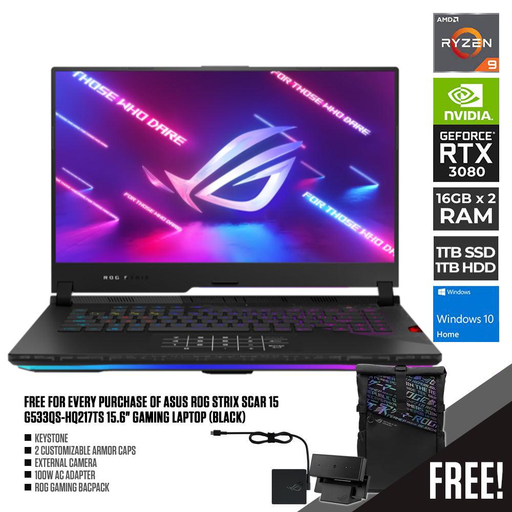 ASUS ROG STRIX SCAR 15 G533QS-HQ217TS Gaming Laptop (BLK) | 15.6" WQHD | RYZEN 9 5900HX | 32GB DDR4 | 1TB SSD | 1TB HDD | RTX 3080 | WIN10 Keystone 2 Customizable Armor Caps with External Cam 100W AC Adapter ROG Backpack - DataBlitz