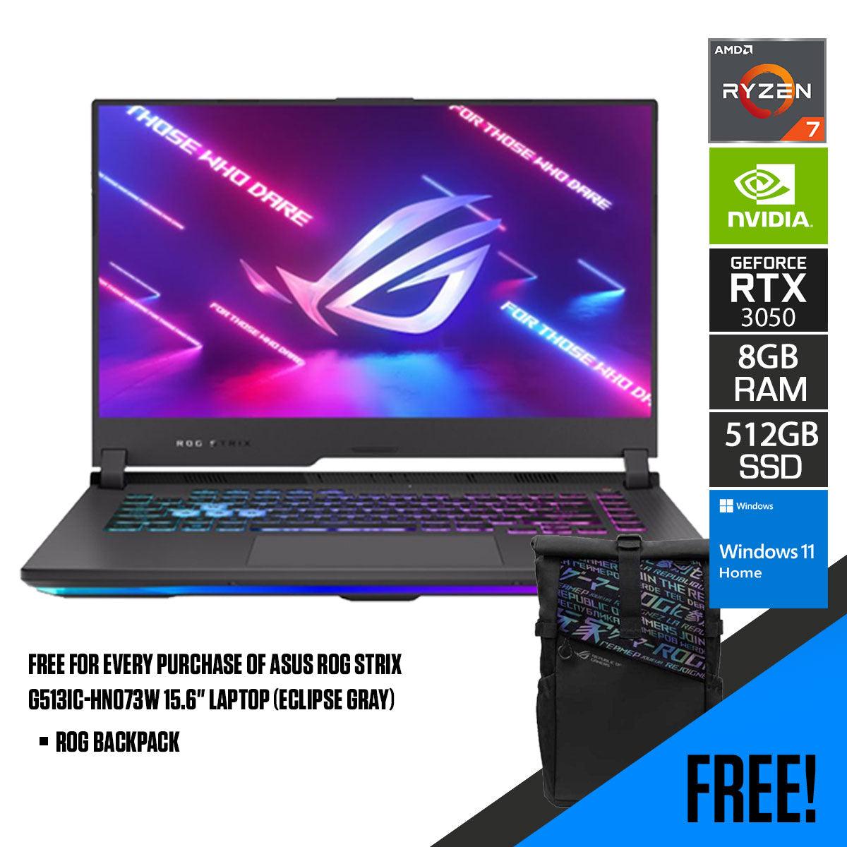 ASUS ROG Strix G513IC-HN073W Laptop (Eclipse Gray) | 15.6" FHD | Ryzen™ 7 4800H | 512 GB SSD | RTX™ 3050 | Windows 11 Home | ROG Backpack - DataBlitz