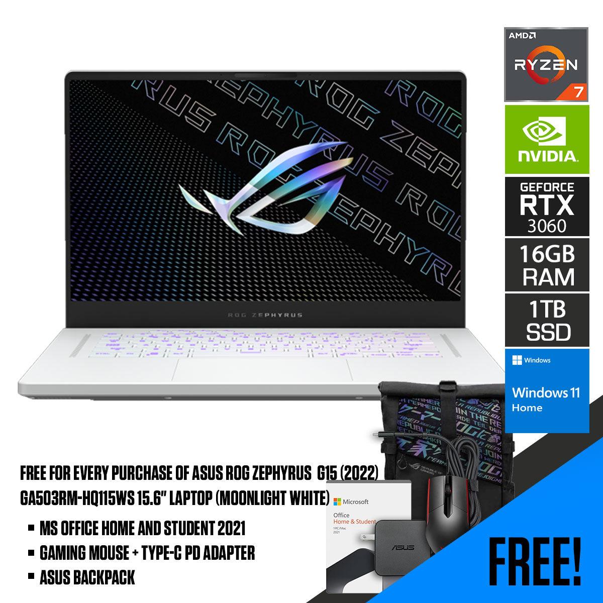ASUS ROG Zephyrus G15 (2022) GA503RM-HQ115WS Laptop (Moonlight White) | 15.6" WQHD | Ryzen™ 7 6800HS | 16 GB DDR5 | 1 TB SSD | RTX™ 3060 | Windows 11 Home | MS Office H&S 2021 | Gaming Mouse | Backpack | Type-C PD Adapter - DataBlitz