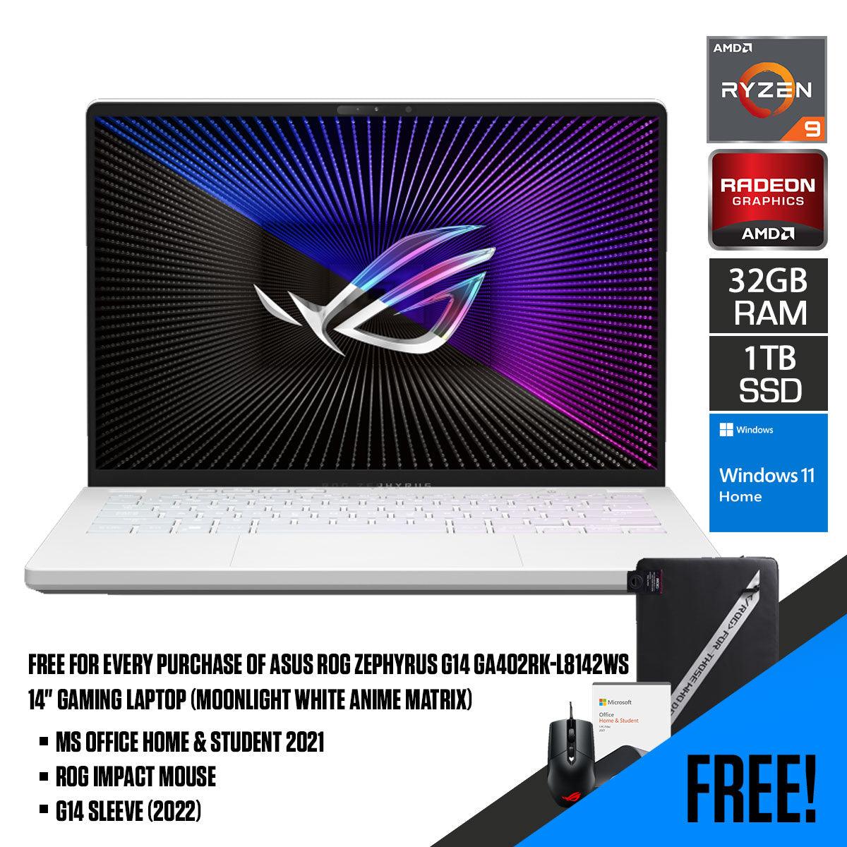 Asus ROG Zephyrus G14 GA402RK-L8142WS Gaming Laptop (Moonlight White Anime Matrix) | 14” QHD+ | Ryzen™ 9 6900HS | 32GB RAM DDR5 | 1TB M.2 SSD | RX 6800S | Windows 11 Home | MS Office H&S 2021 | G14 Sleeve (2022) | ROG Impact Mouse - DataBlitz