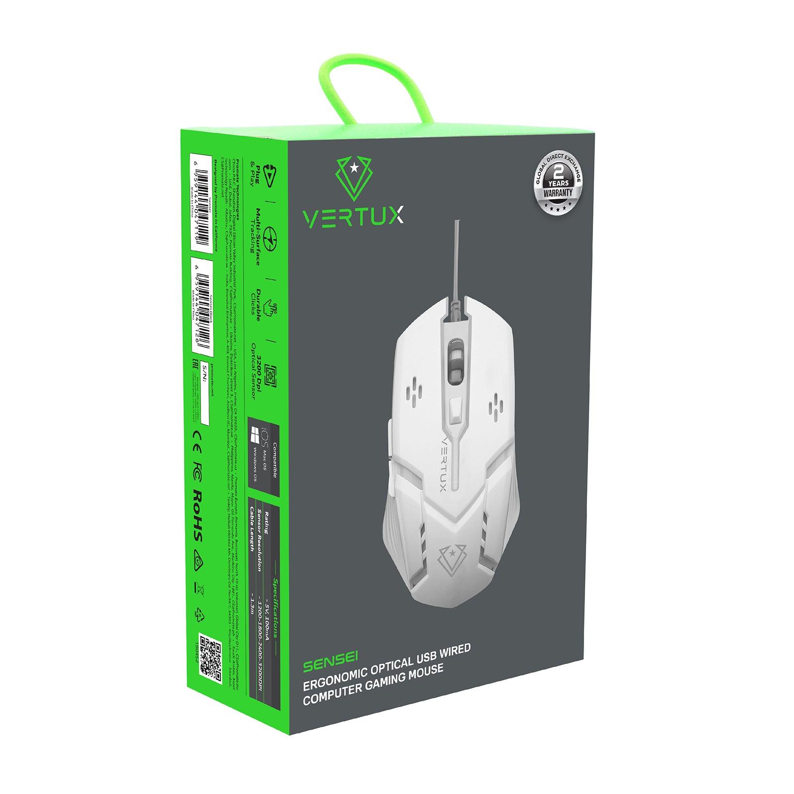 VERTUX SENSEI ERGONOMIC OPTICAL USB WIRED COMPUTER GAMING MOUSE WHITE - DataBlitz