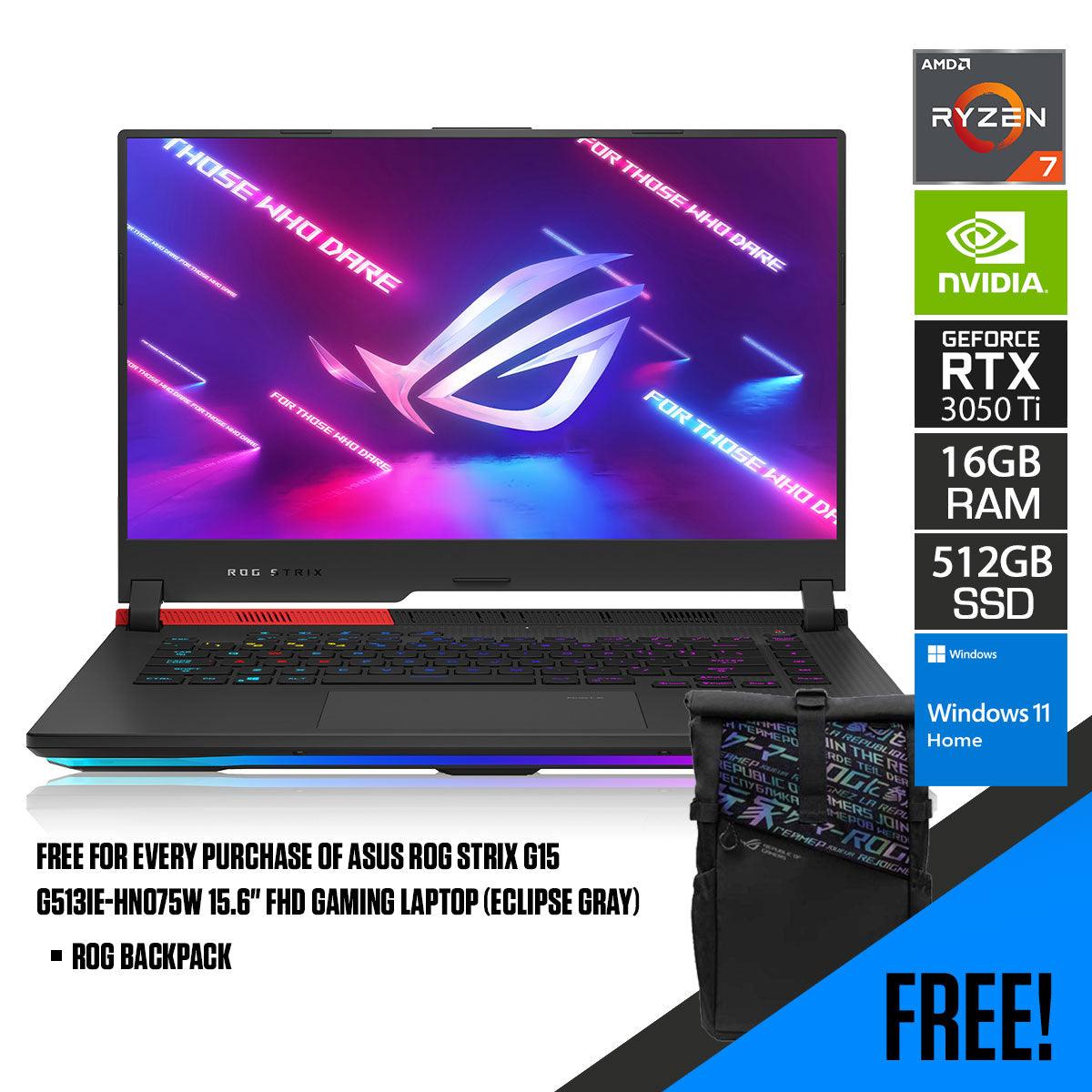 ASUS ROG Strix G15 G513IE-HN075W Gaming Laptop (Eclipse Gray) | 15.6" FHD | Ryzen™ 7 4800H | 16GB RAM DDR4 | 512 GB SSD | RTX™ 3050 Ti | Windows 11 Home | ROG Backpack - DataBlitz