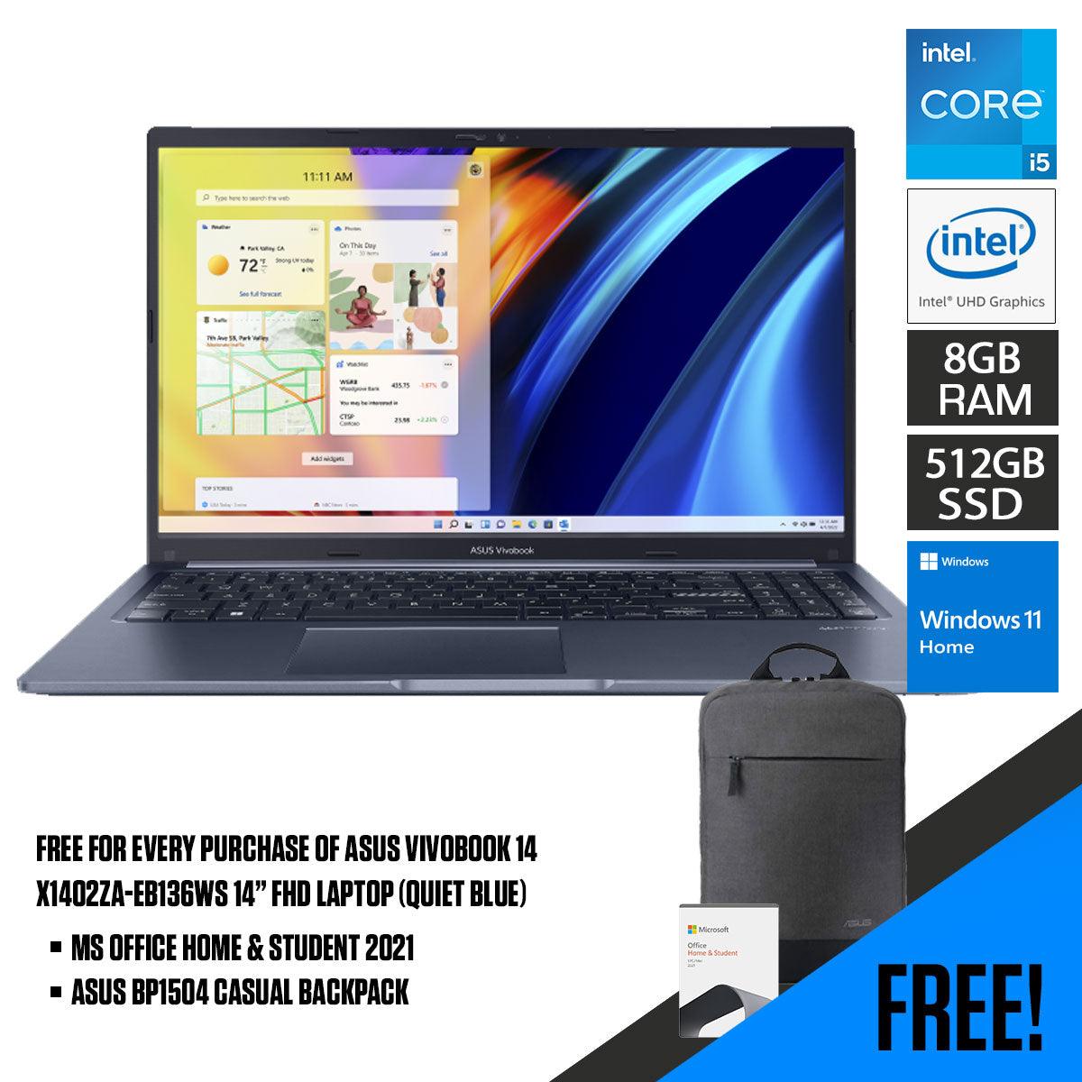 ASUS Vivobook 14 X1402ZA-EB136WS Laptop (Quiet Blue) |14” FHD | i5-1240P | 8 GB RAM DDR4 | 512 GB SSD | UHD Graphics | Windows 11 Home | MS Office Home & Student 2021 | ASUS BP1504 Casual Backpack - DataBlitz