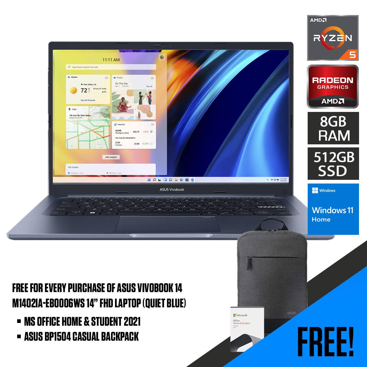 ASUS Vivobook M1402IA-EB0006WS Laptop (Quiet Blue) | 14” FHD | Ryzen™ 5 4600H | 8GB DDR4 | 512GB SSD | Windows 11 Home | MS Office Home & Student 2021 | ASUS BP1504 Casual Backpack - DataBlitz