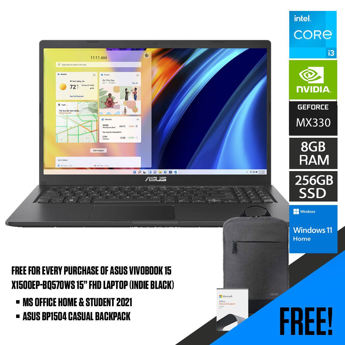 ASUS Vivobook 15 X1500EP-BQ570WS Laptop (Indie Black) | 15.6” FHD | i3-1115G4 | 8 GB RAM DDR4 | 256 GB SSD | MX 330 | Windows 11 Home | MS Office Home & Student 2021 | ASUS BP1504 Casual Backpack - DataBlitz