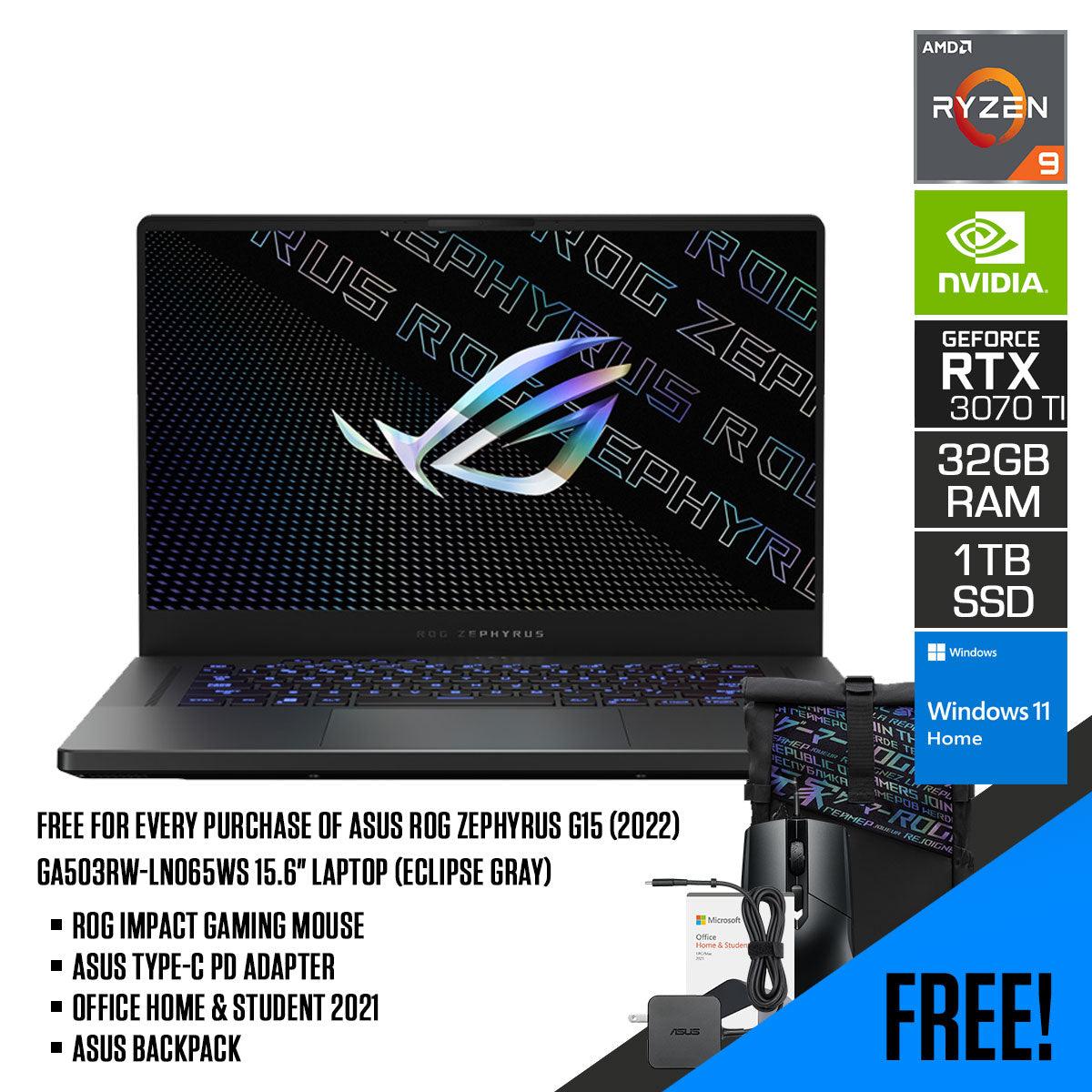ASUS ROG Zephyrus G15 (2022) GA503RW-LN065WS Laptop (Eclipse Gray) | 15.6" WQHD | Ryzen™ 9 6900HS | 32GB DDR5 | 1TB SSD | Windows 11 Home |MS Office H&S 2021 | Gaming Mouse | Backpack | Type-C PD Adapter - DataBlitz