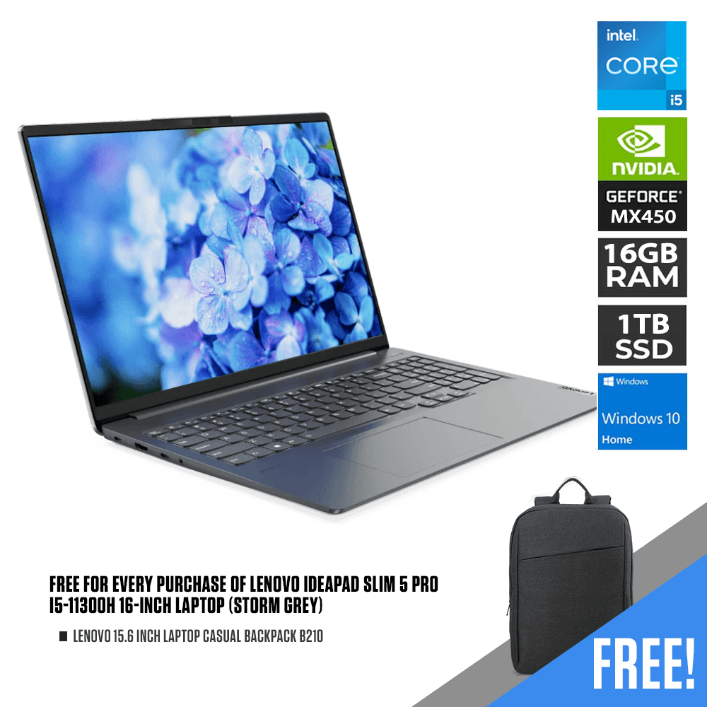 LENOVO IDEAPAD SLIM 5 PRO I5-11300H LAPTOP (STORM GREY) | 16" WQXGA | i5-11300H | 16GB DDR4 | 1TB SSD | MX450 | WIN10 + LENOVO LAPTOP CASUAL BACKPACK B210 - DataBlitz