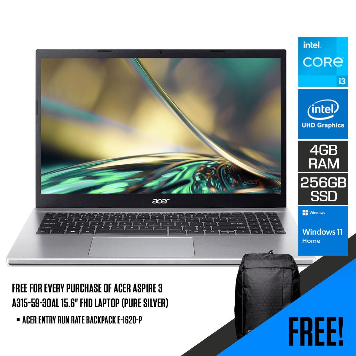 ACER Aspire 3 A315-59-30AL Laptop (Pure Silver) | 15.6” FHD | i3-1215u | 4GB RAM DDR4 | 256 GB SSD | Intel UHD graphics | Win 11 Home | Acer Entry Run Rate Backpack E-1620-P (LZBPKM6B12) - DataBlitz