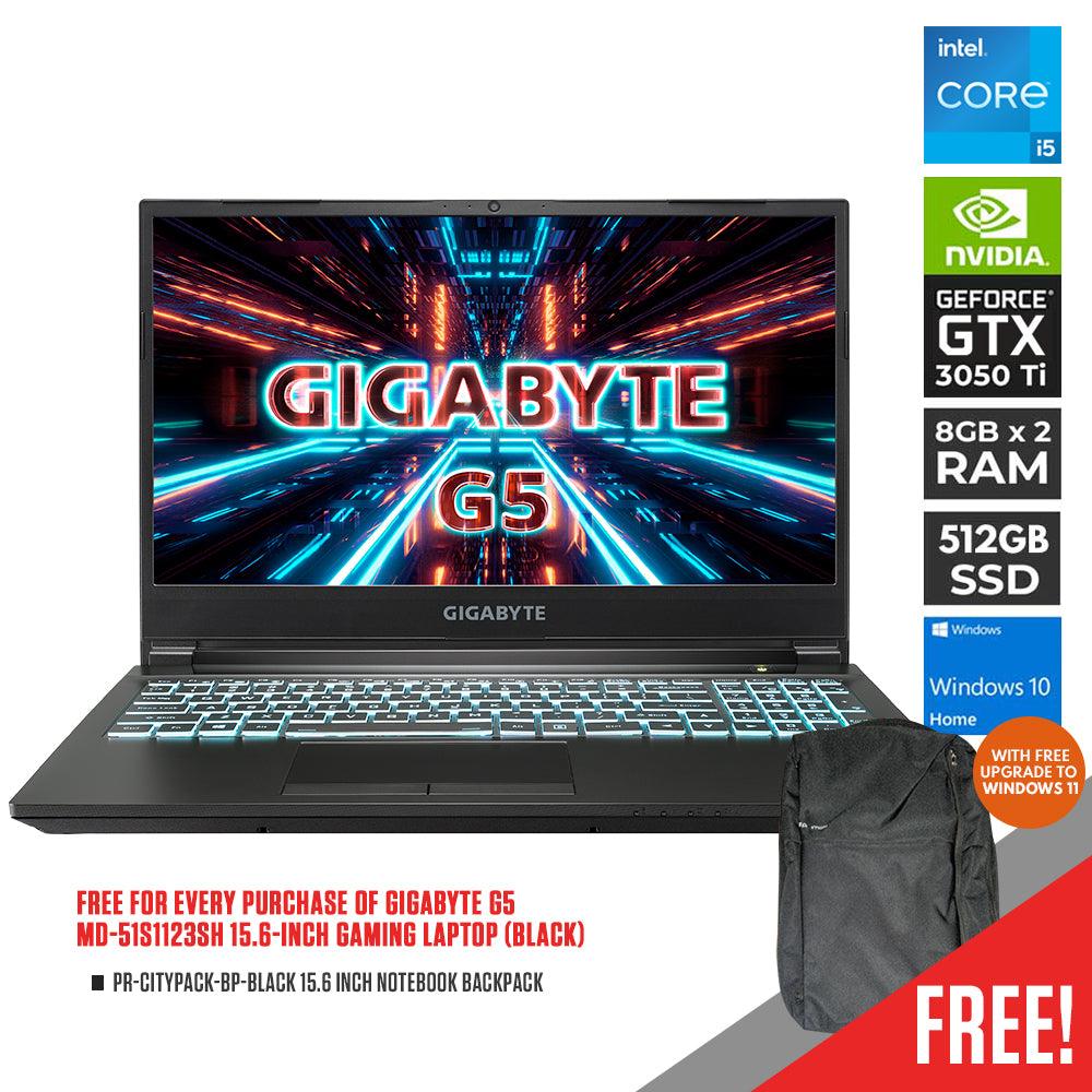 GIGABYTE G5 MD-51S1123SH GAMING LAPTOP (BLACK) | 15.6" FHD | i5-11400H | 16GB DDR4 | 512GB SSD | GTX 3050 TI | WIN10 + PR-CITYPACK-BP-BLACK NOTEBOOK BACKPACK - DataBlitz