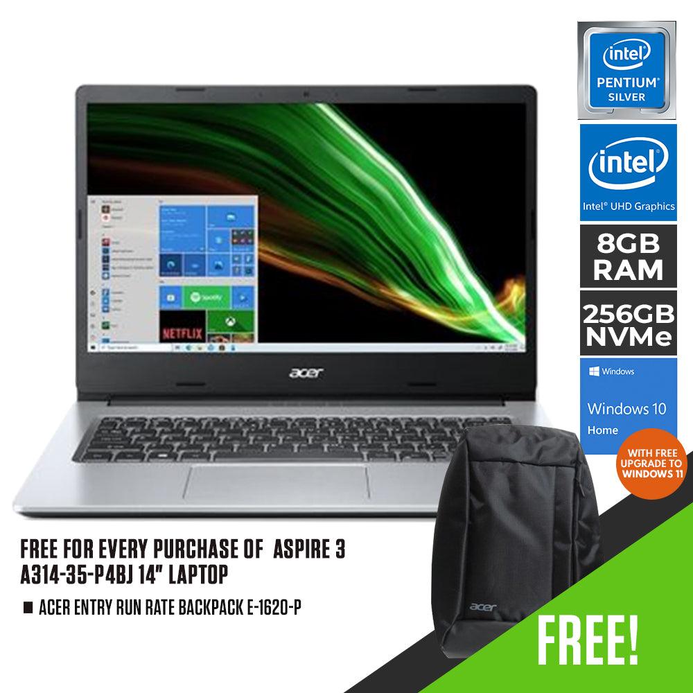 ACER ASPIRE 3 A314-35-P4BJ Laptop (Pure Silver) | 14" HD | Pentium Silver N6000 | 8GB LPDDR4 | 256GB SSD | INTEL UHD | WIN10 + ACER Entry Run Rate Backpack E-1620-P (LZBPKM6B12) - DataBlitz