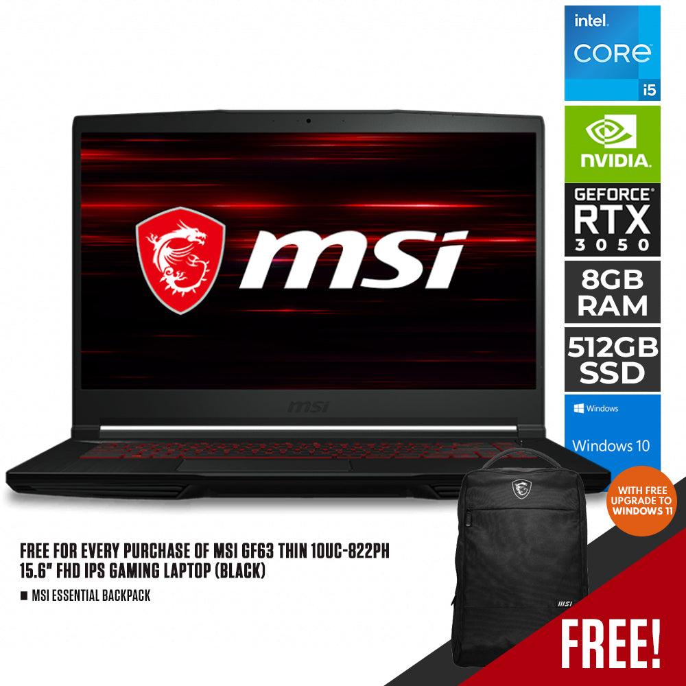 MSI GF63 THIN 10UC-822PH IPS GAMING LAPTOP (BLACK) | 15.6" FHD | i5-10500H+HM470 | 8GB DDR4| 512GB SSD | RTX 3050 | WIN10 + MSI ESSENTIAL BACKPACK - DataBlitz