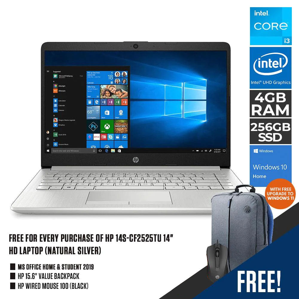 HP 14S-CF2525TU LAPTOP (NATURAL SILVER) | 14" HD | i3-10110U | 4 GB DDR4 | 256 GB SSD | UHD GRAPHICS | WIN10 + STUDENT with HP WIRED MOUSE 100 (BLACK) HP 15.6" VALUE BACKPACK